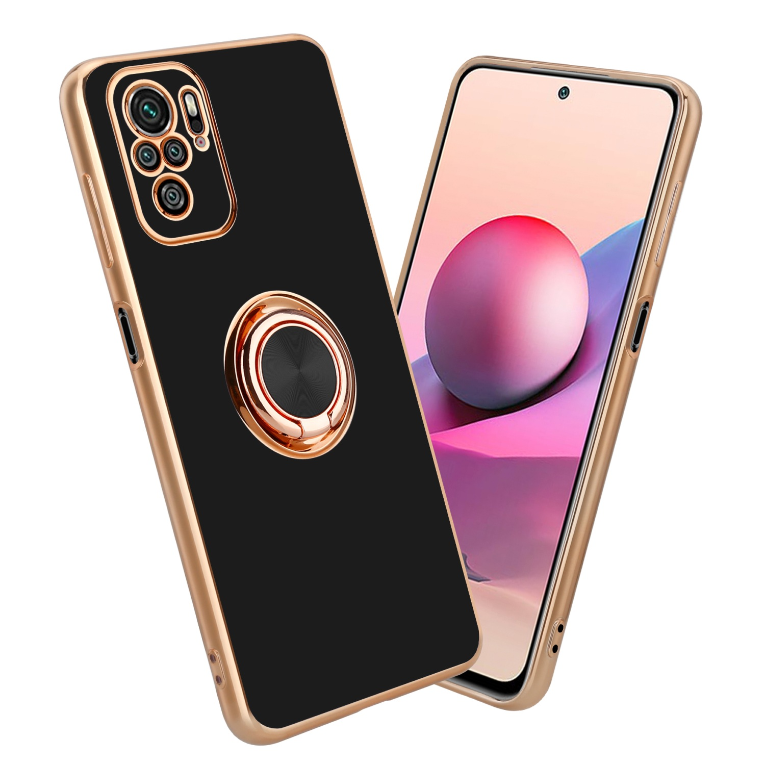 Custodia per telefono nera con cornice dorata e supporto ad anello. Un telefono con custodia nera e schermo luminoso.