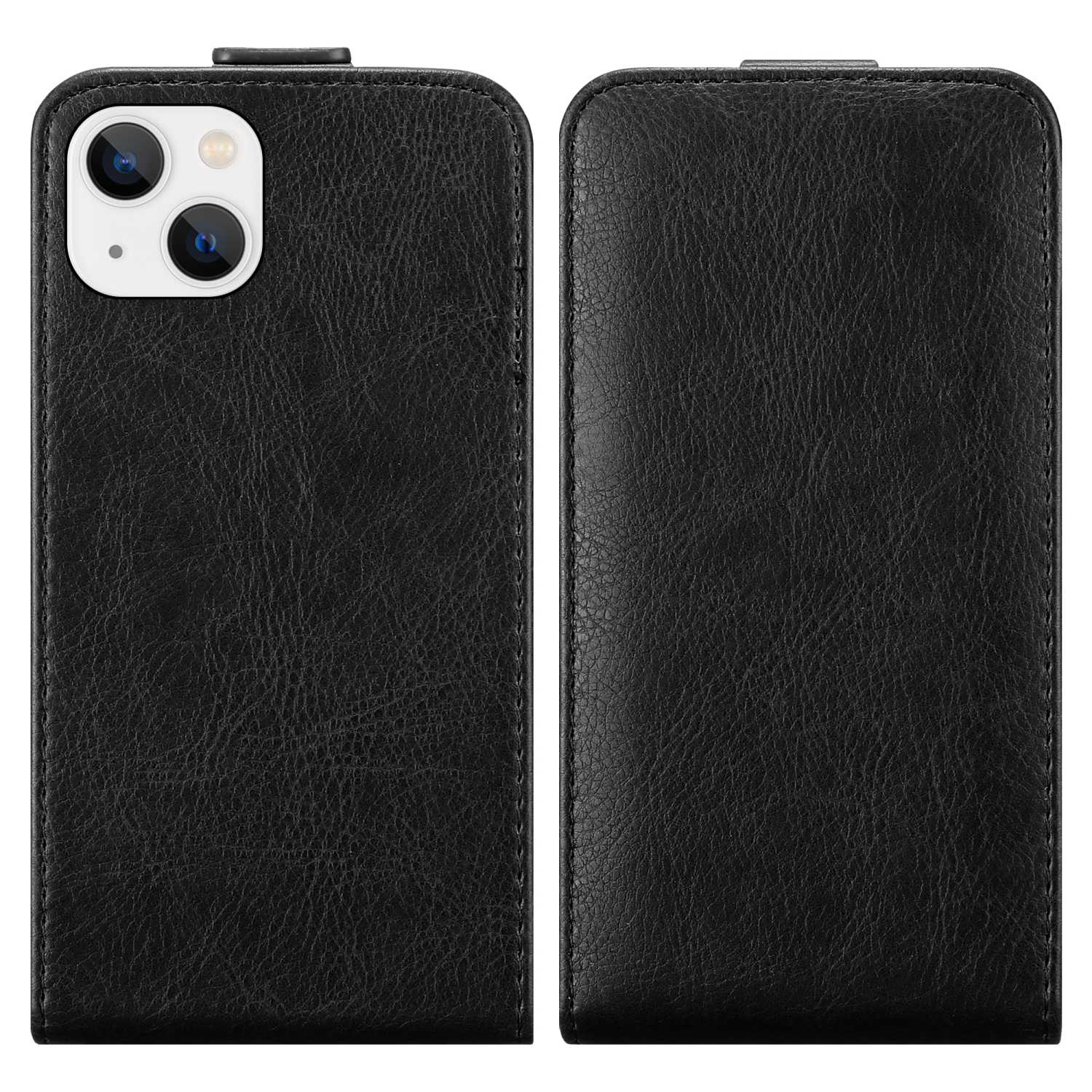 Schwarze Handyhülle geöffnet, zeigt Telefon. Ledertextur. Geschlossene Hülle rechts.