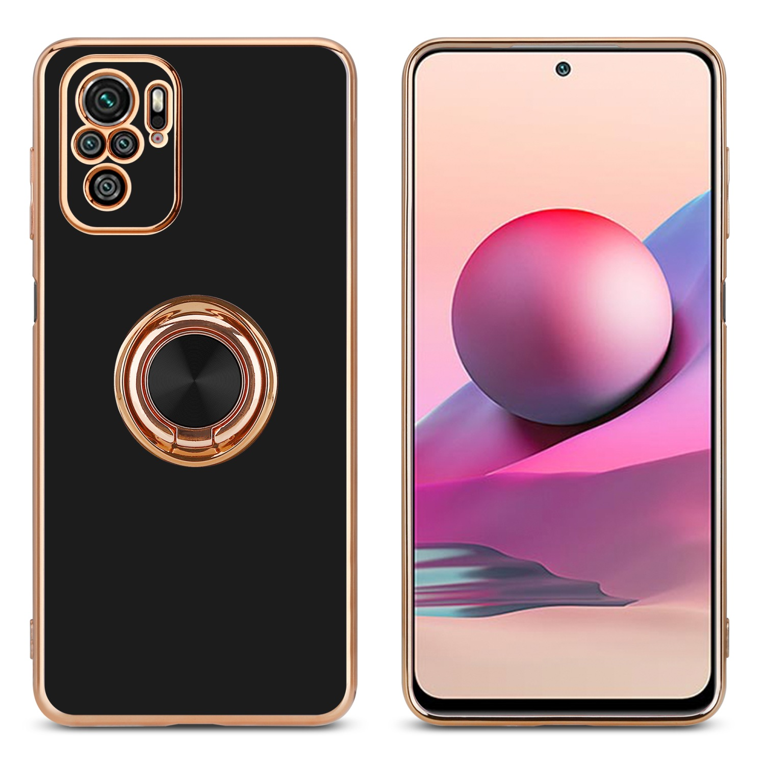 Custodia nera per telefono con finiture dorate e porta anello. Uno schermo del telefono a destra.