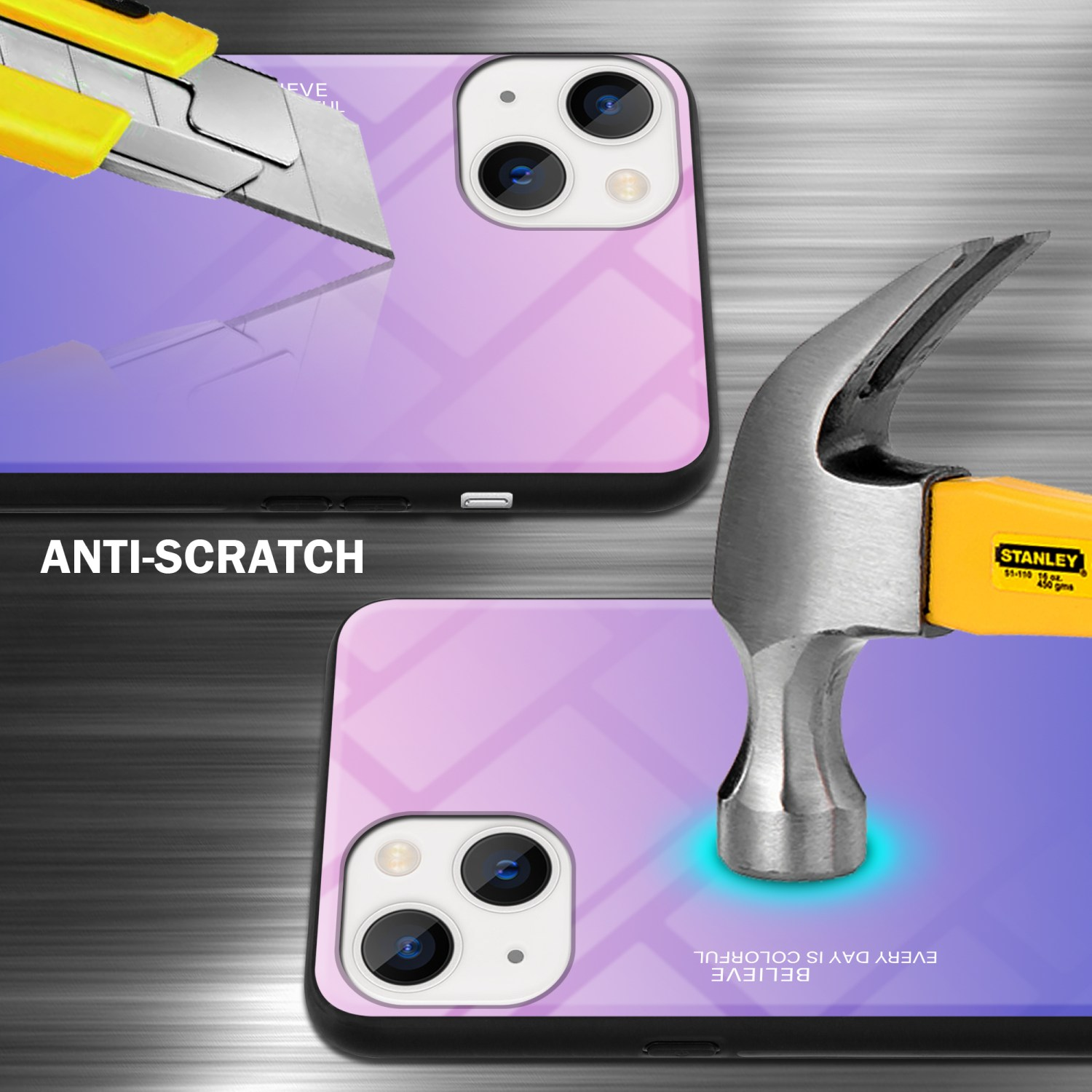 Zwei Telefone, die von einem Cutter geschnitten und von einem Hammer getroffen werden. Der Text lautet ANTI-KRATZER.