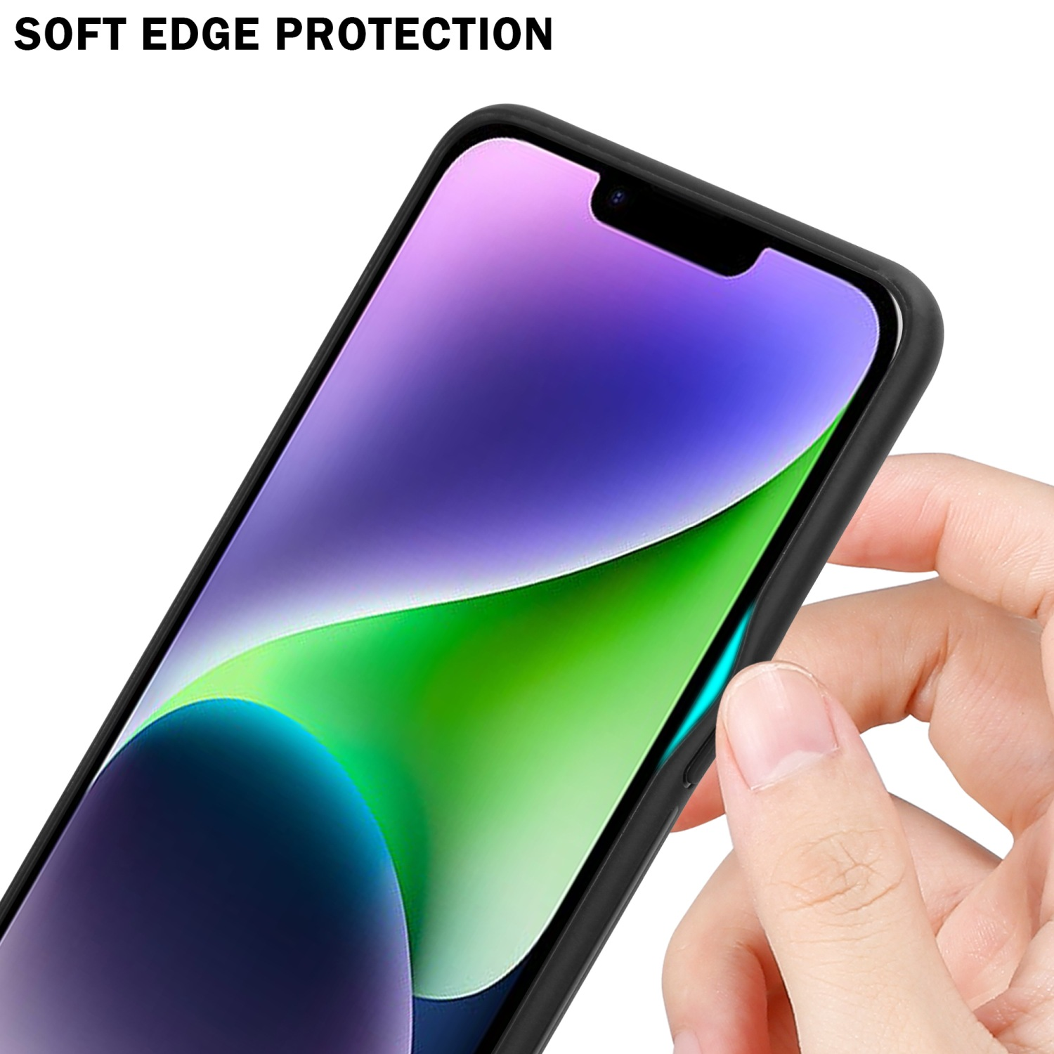 Hand hält Telefon mit schwarzer Hülle, zeigt Kanten. Blaue Highlights am Rand.