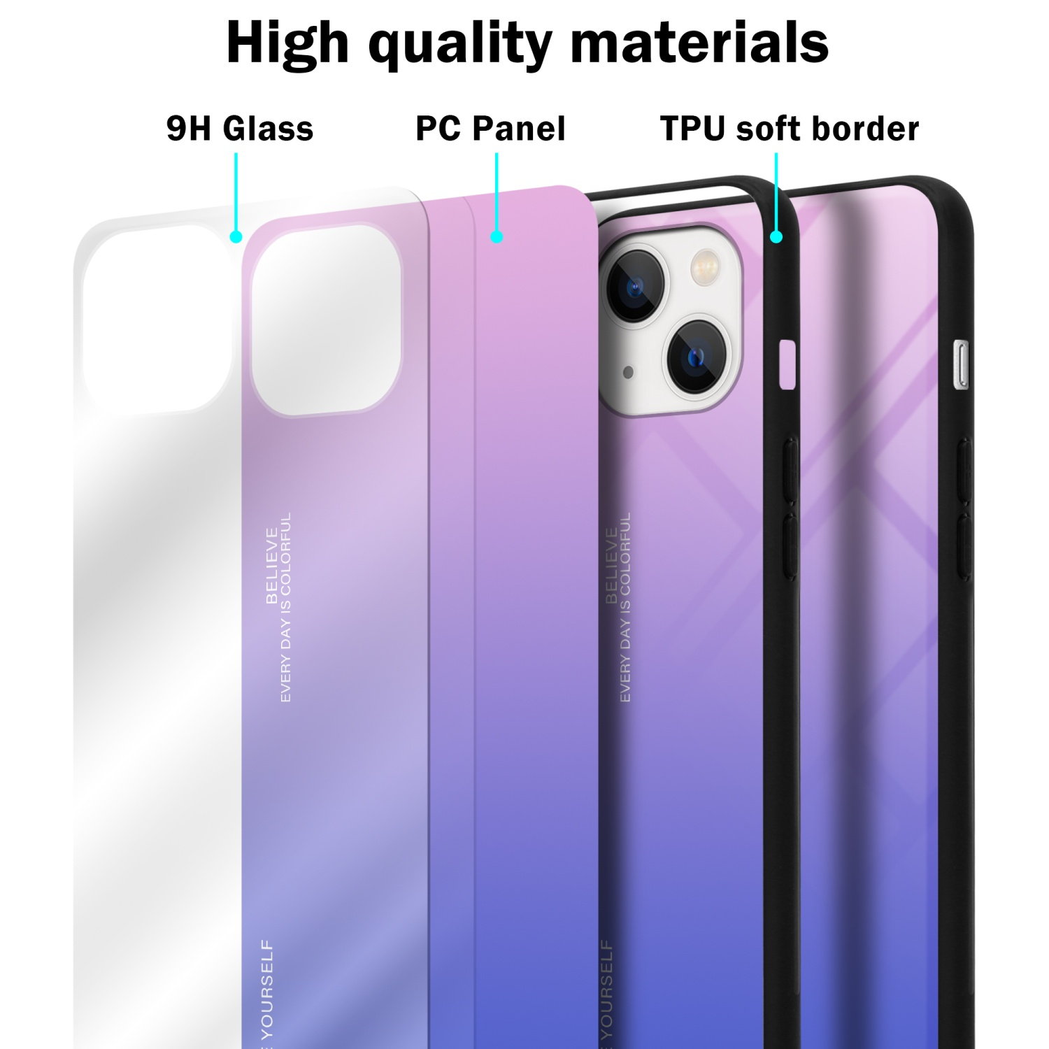 Handyhüllen-Schichten: 9H-Glas, PC-Panel und TPU-Rand. Etiketten beschreiben Schichten. Buntes Design.