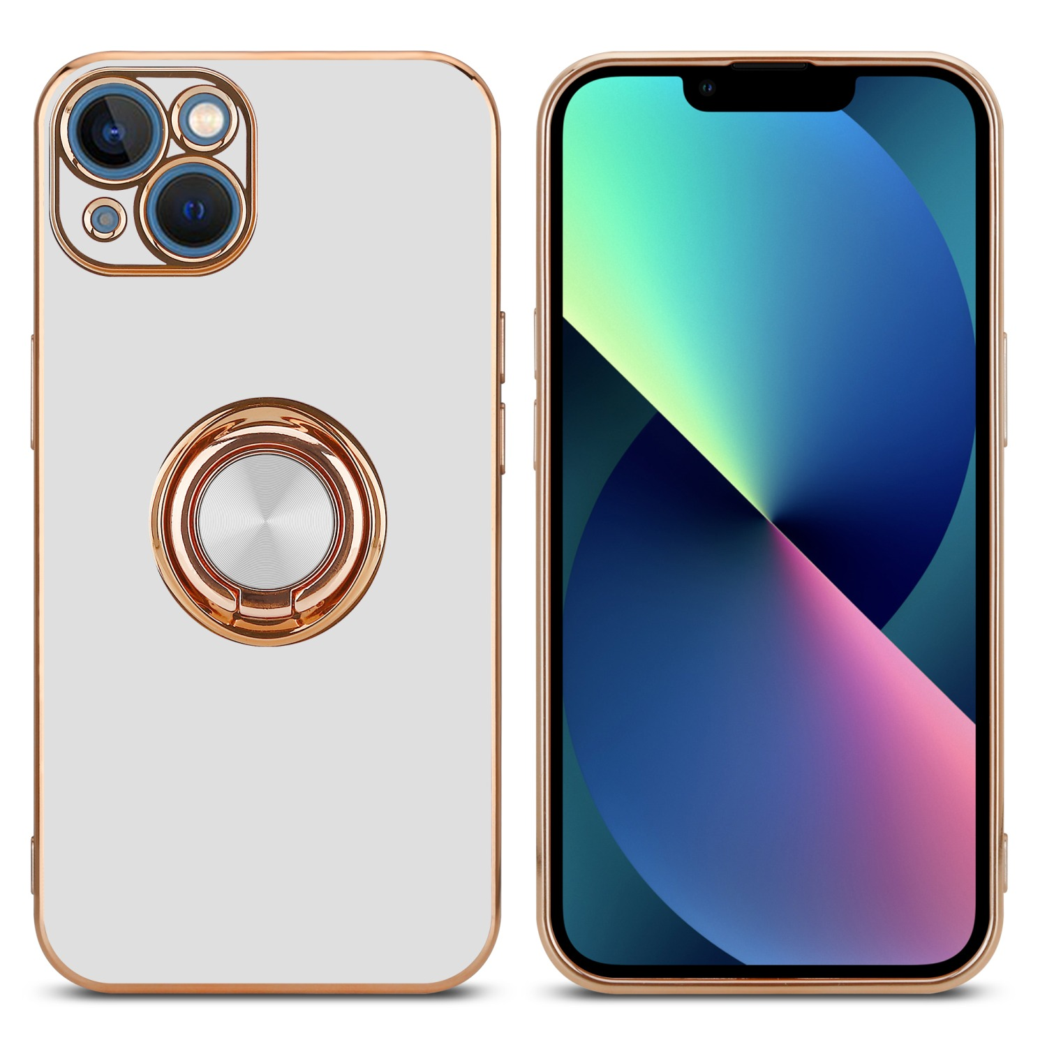 Zwei Telefone mit Hüllen. Eines weiß mit Ring, das andere mit buntem Bildschirm. Goldener Rahmen.