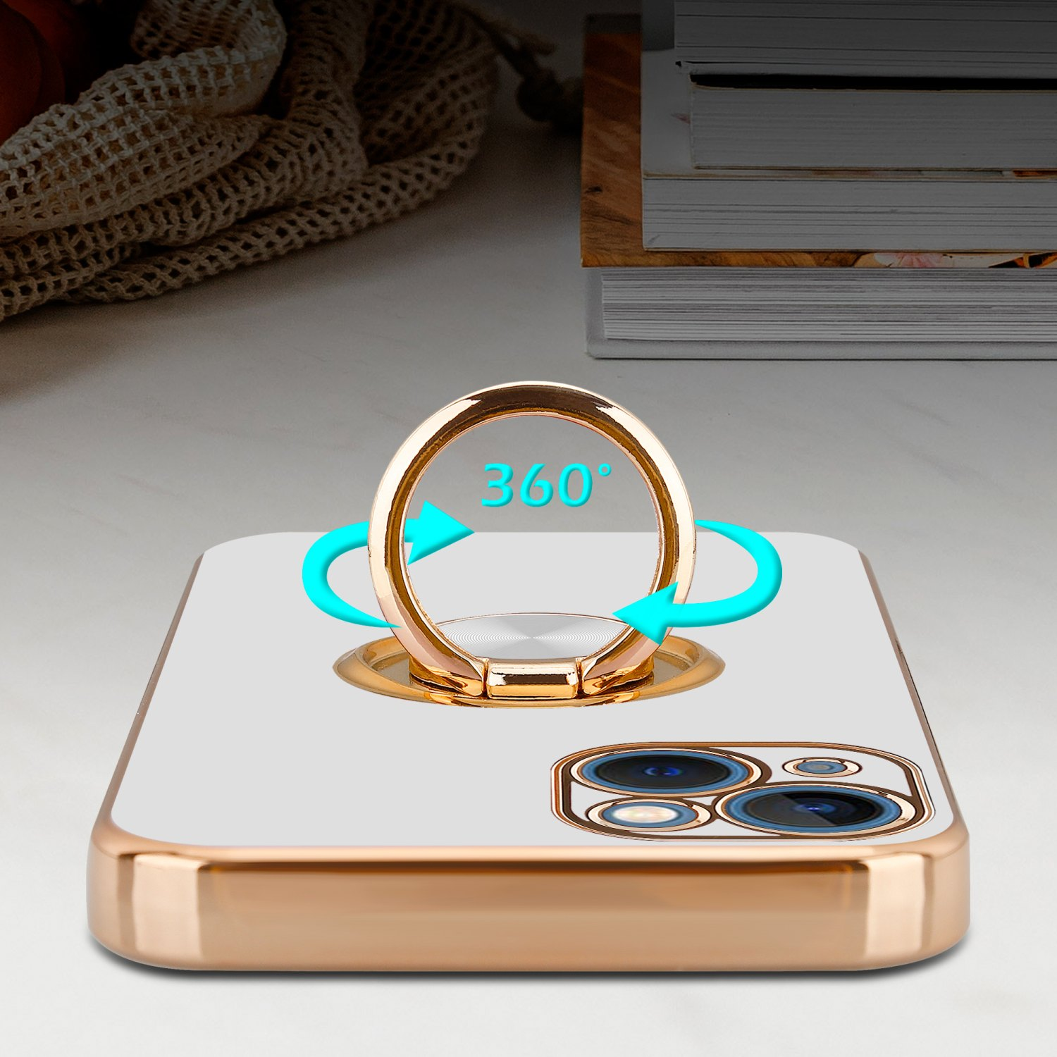 Handyhülle mit Ringhalterung. Der Ring ist goldfarben und hat eine 360°-Drehung.