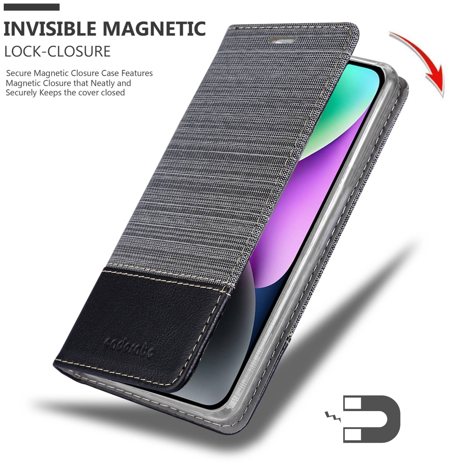 Eine Handyhülle mit sich öffnender Abdeckung. Die Abdeckung ist grau mit schwarzem Boden, und einem Magneten.