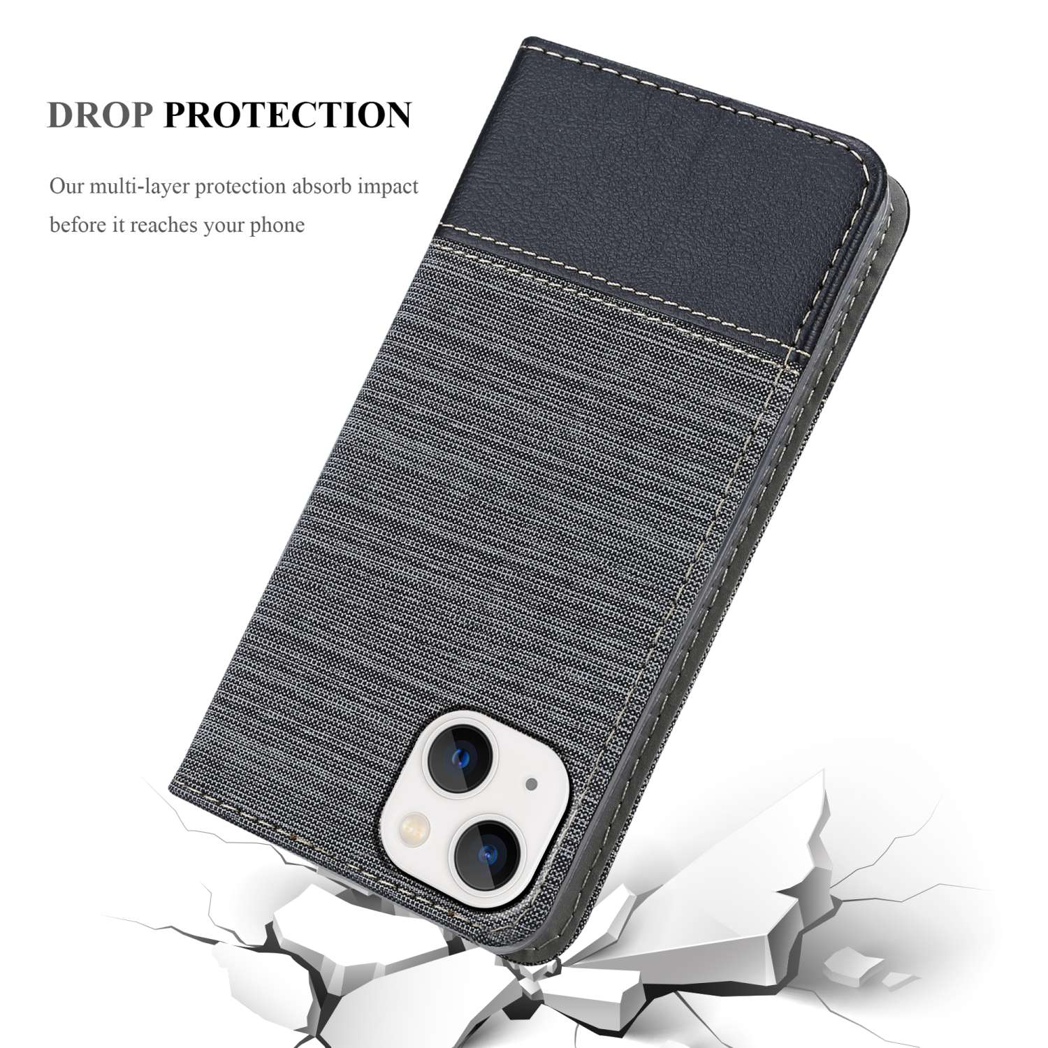 Jeans-Handyhülle vor rissigem Boden. Das Telefon befindet sich in der Hülle.