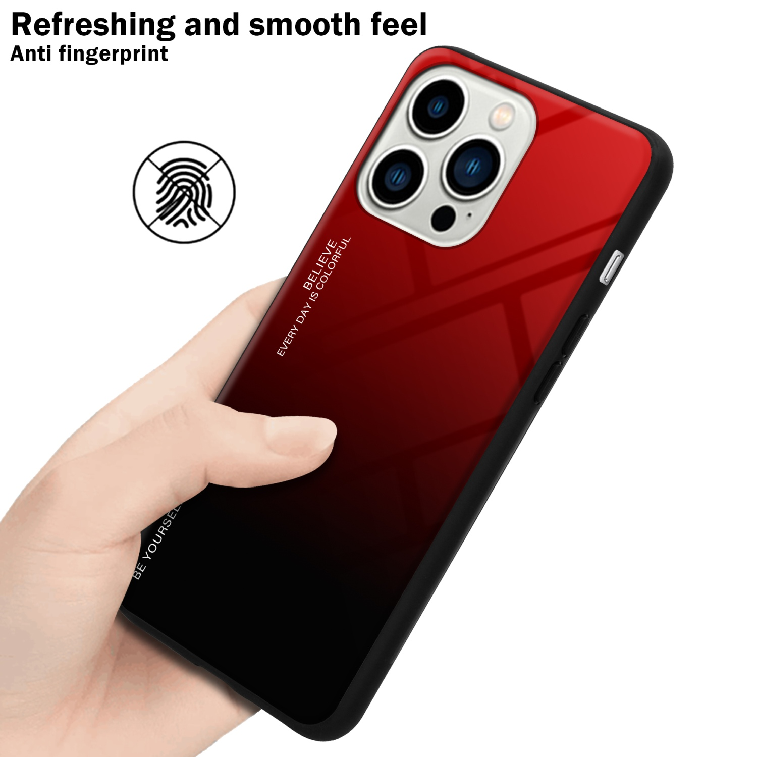 Hand hält ein Telefon mit einem Rot-zu-Schwarz-Verlauf. Text: Glaube, jeder Tag ist bunt. Hintergrund: Weiß.