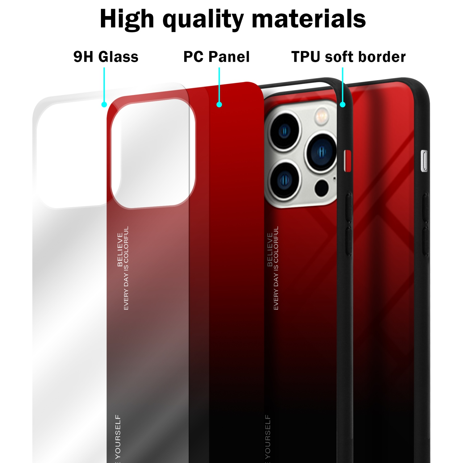 Handyhülle mit Schichten: 9H Glas, PC-Panel und TPU-Weichkante. Rot-Schwarz-Verlauf.