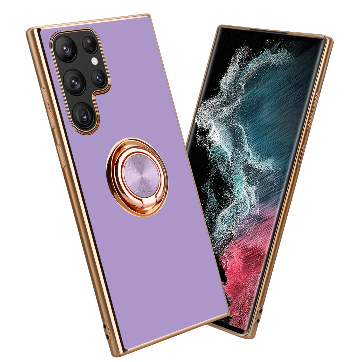 Due custodie per telefono: una viola con anello e un telefono con schermo scuro. Sfondo bianco.
