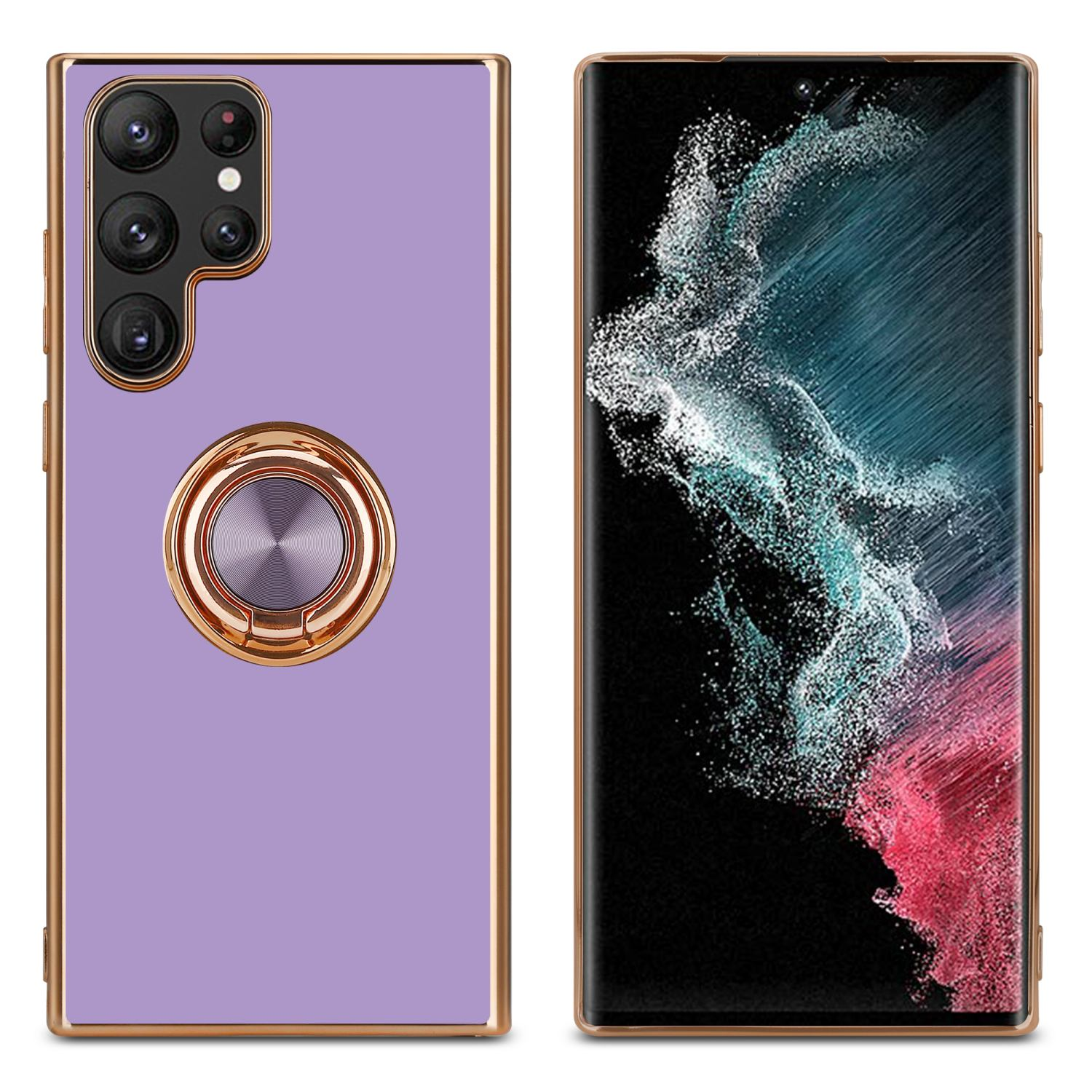 Custodia viola per telefono con cornice dorata e supporto ad anello. Lo schermo del telefono mostra sfondo colorato.