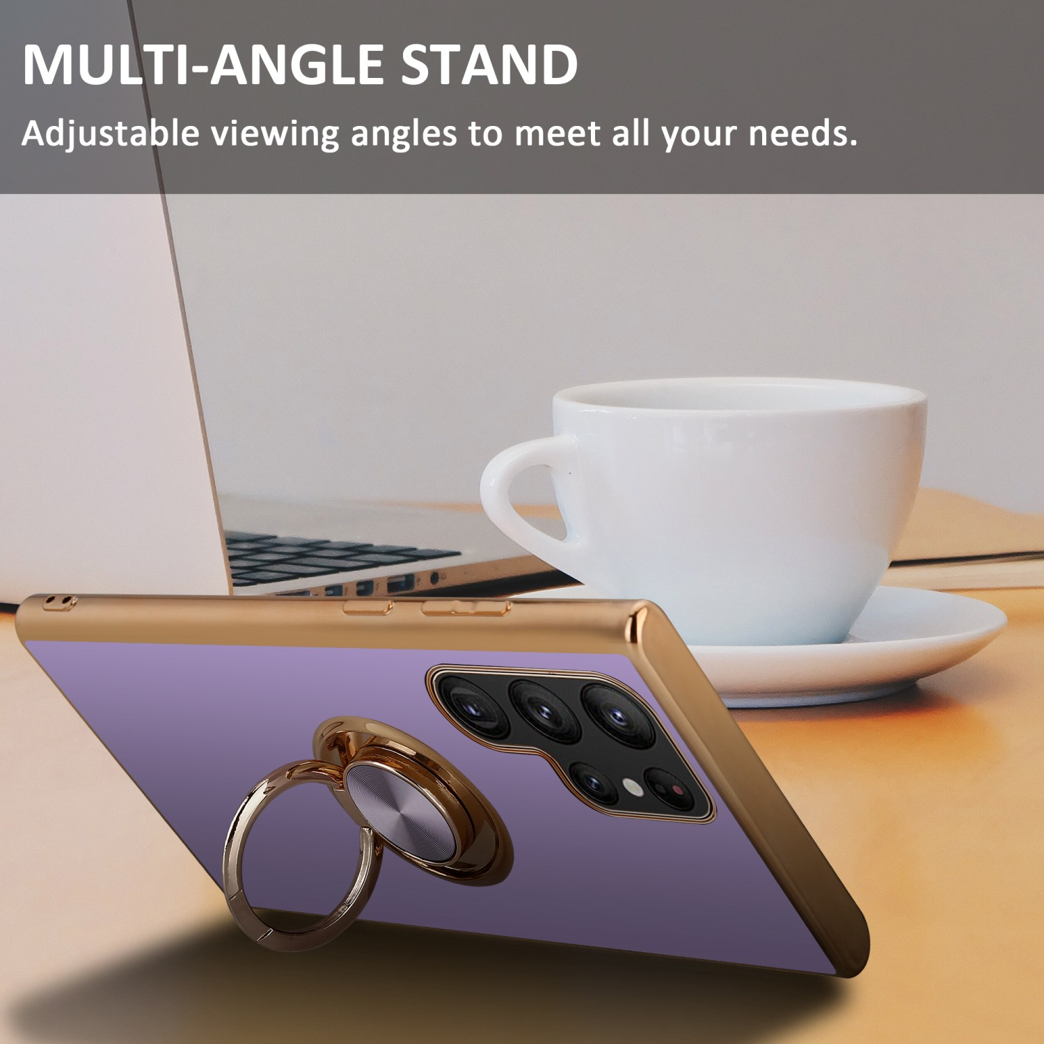 Telefono con supporto ad anello, su un tavolo. Tazza di caffè e laptop sullo sfondo.
