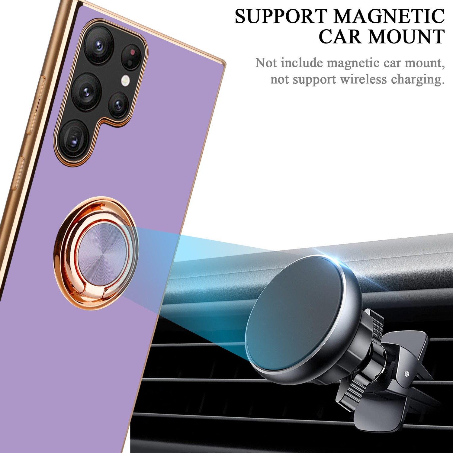 Una custodia viola con anello dorato e supporto magnetico per auto, su sfondo bianco.