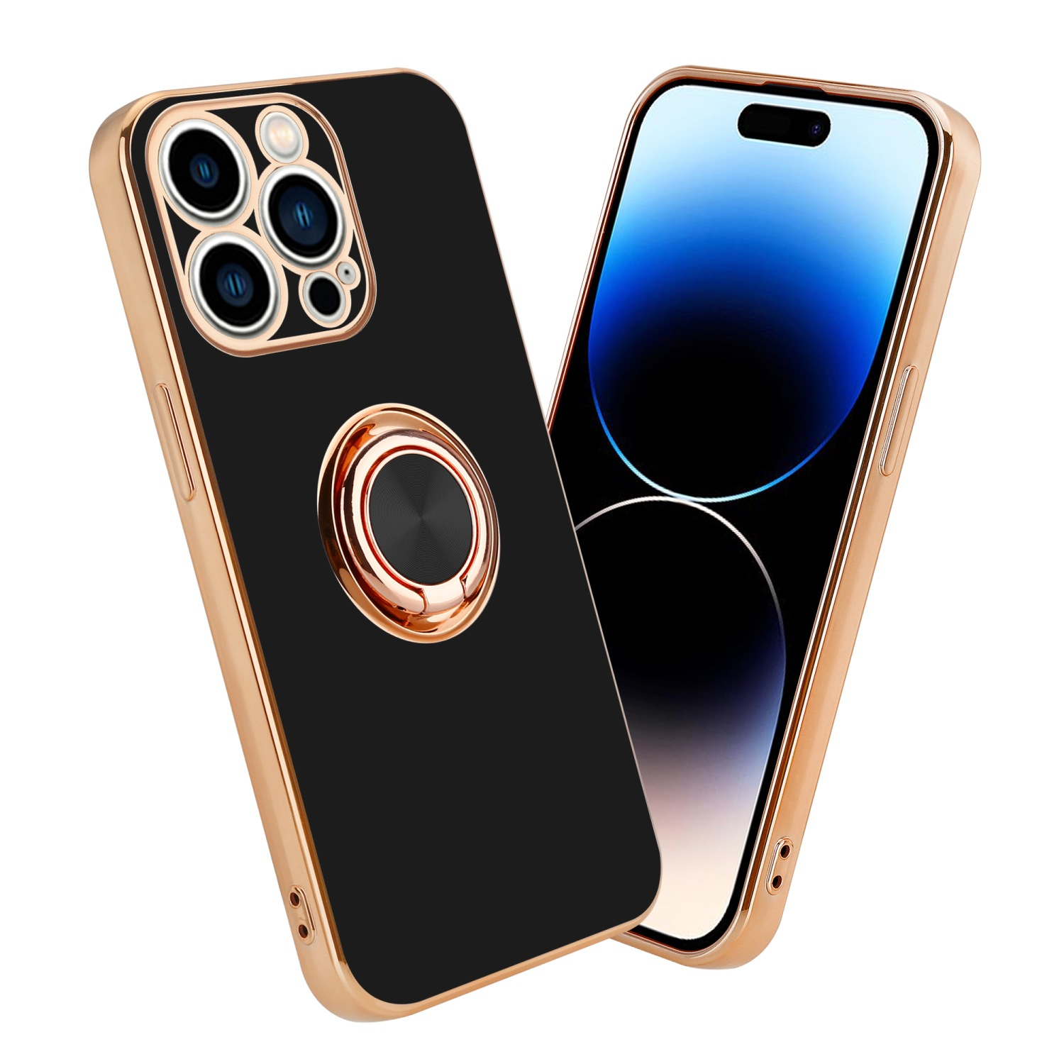 Backcover, Hülle magnetischer Autohalterung, - Apple, PRO Schwarz Glossy Gold MAX, mit und Kameraschutz CADORABO iPhone 14