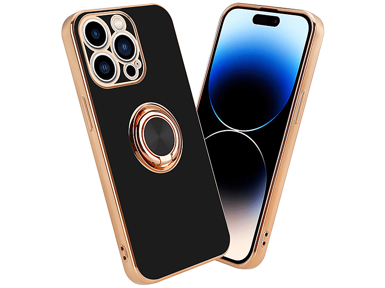 CADORABO Hülle mit Kameraschutz und magnetischer Autohalterung, Backcover, Apple, iPhone 14 PRO, Glossy Schwarz - Gold