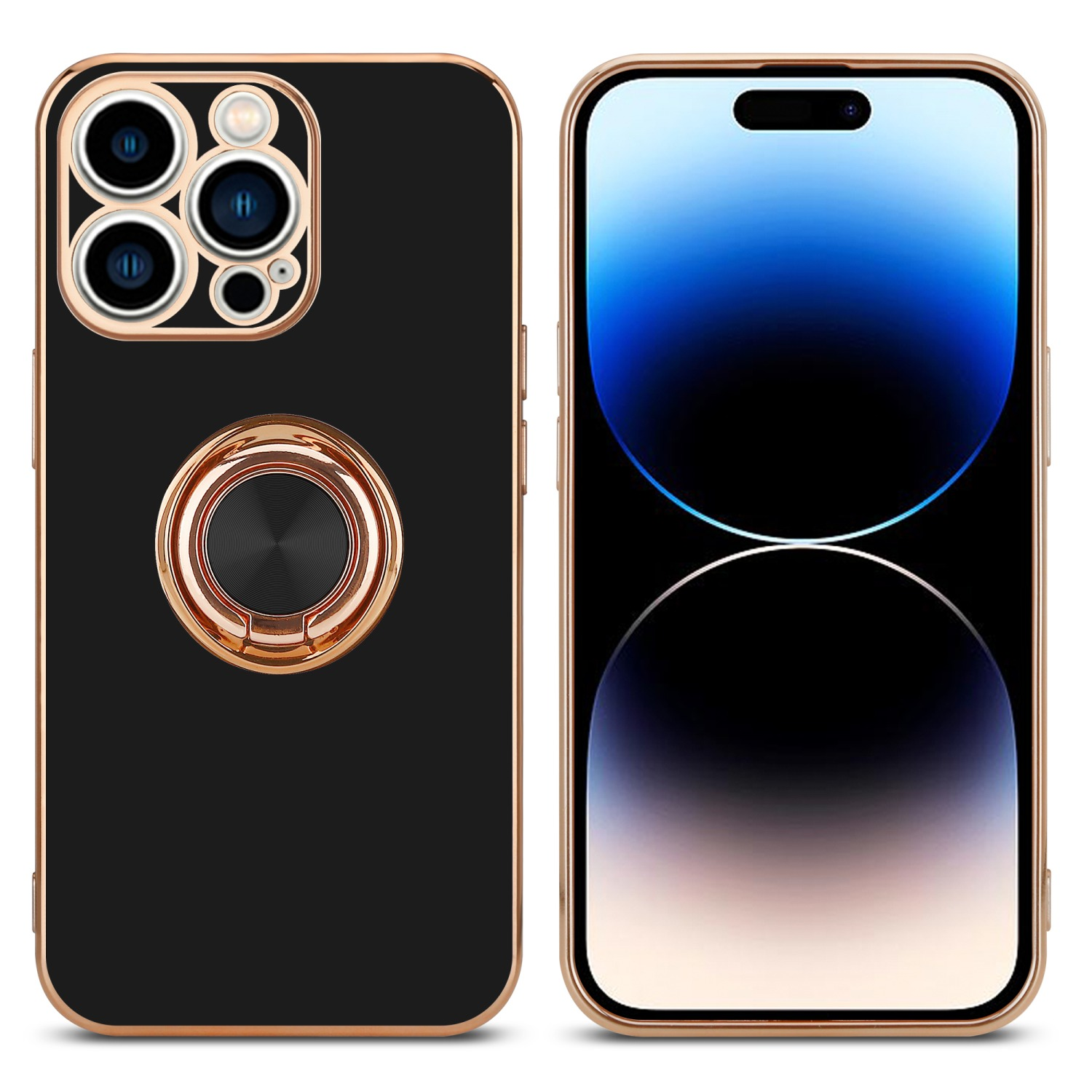Schwarze Handyhülle mit goldenen Akzenten und einem Ringhalter. Der Telefonbildschirm ist sichtbar.