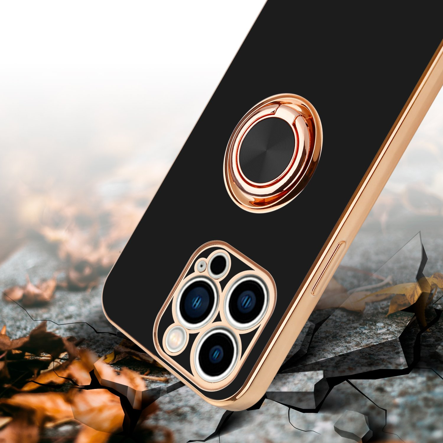 CADORABO Hülle Kameraschutz iPhone Autohalterung, Schwarz Apple, Backcover, und PRO, 14 mit Glossy - Gold magnetischer