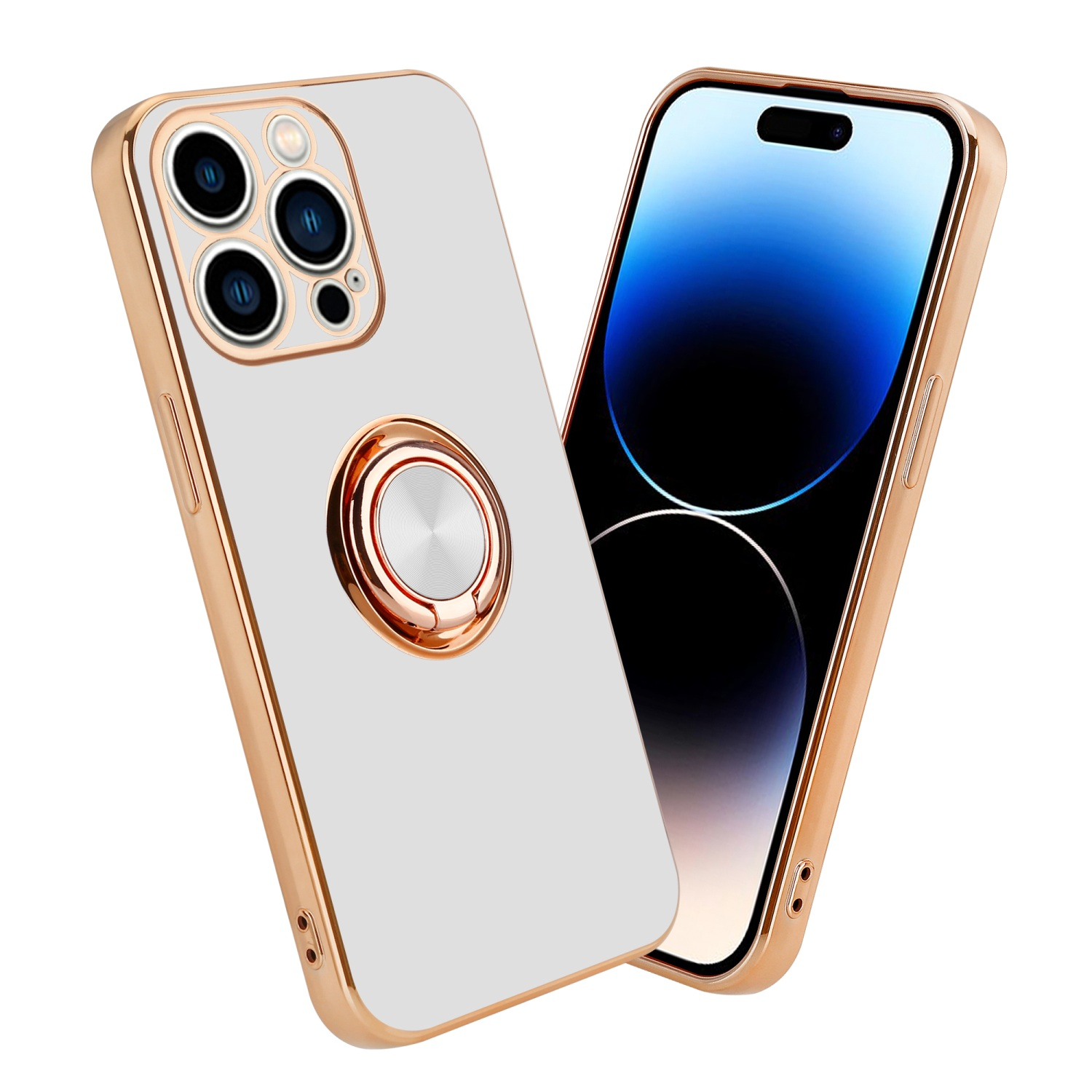 Weiße und goldene Handyhülle mit einem Telefon, das einen blauen Hintergrund zeigt. Ring auf der Rückseite. Kameraausschnitte.