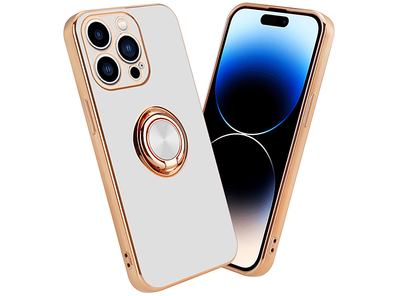 CADORABO Hülle mit Kameraschutz und magnetischer Autohalterung, Backcover, Apple, iPhone 14 PRO MAX, Glossy Weiß - Gold