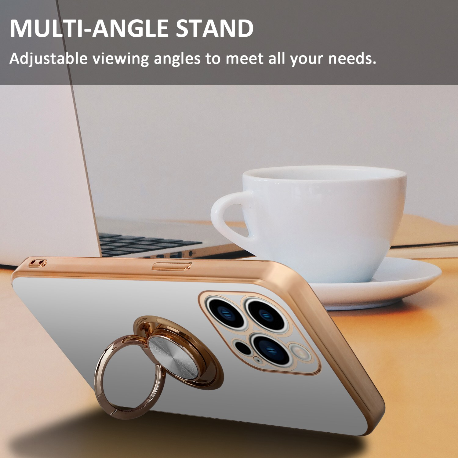 Handyhülle mit Ringständer, auf Tisch mit Tasse und Laptop.