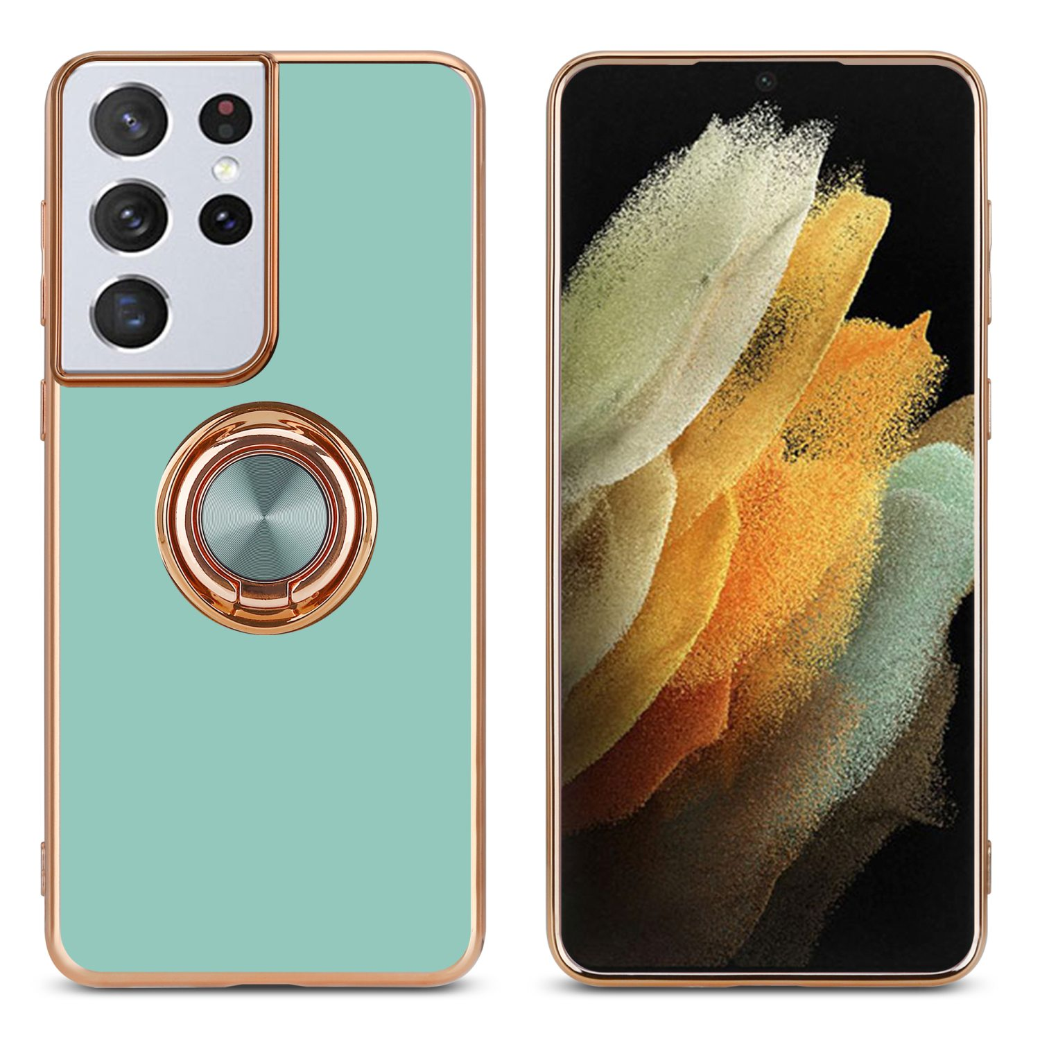Custodia per telefono verde menta con supporto ad anello oro rosa, con un telefono a destra. Sfondo bianco.