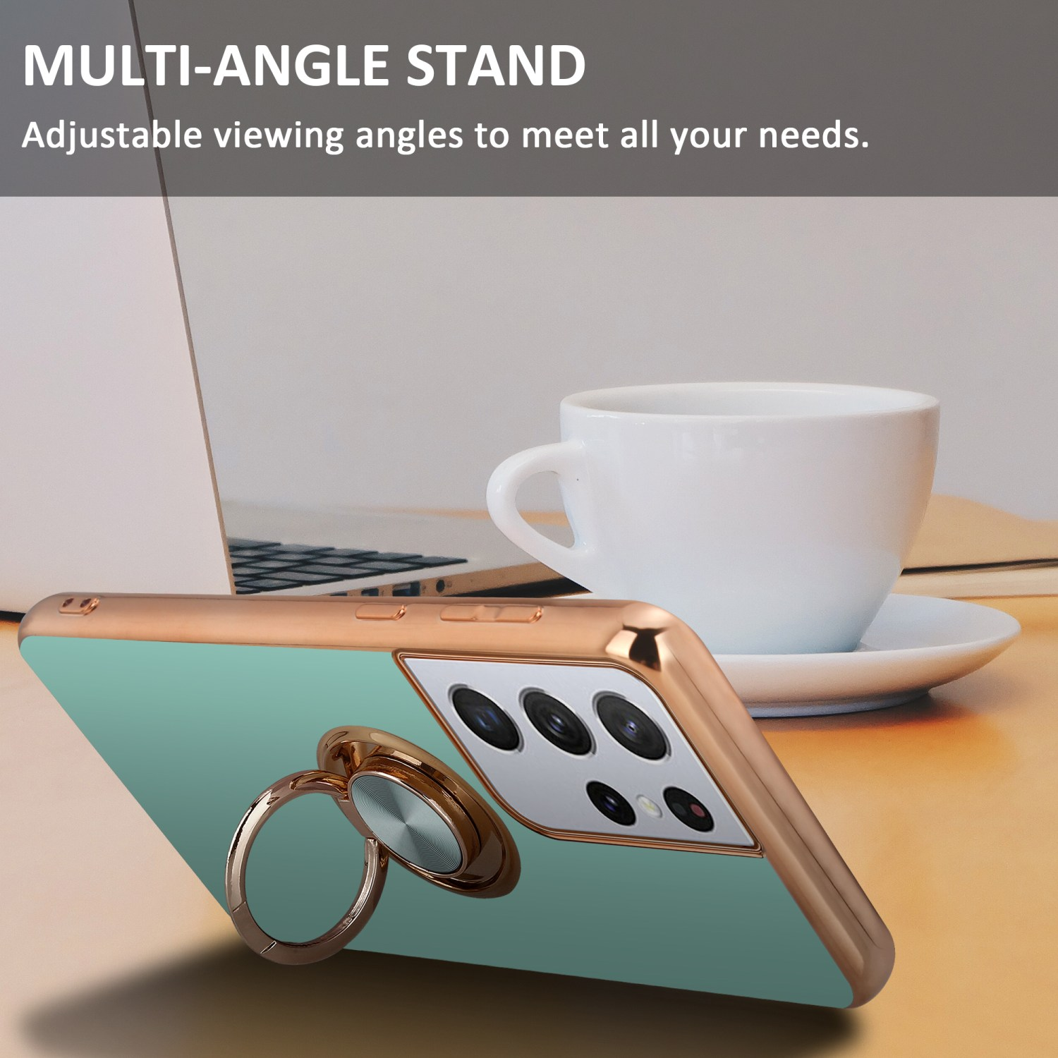 Un telefono con custodia con bordo dorato e supporto ad anello è su una superficie di legno, con tazza e laptop.