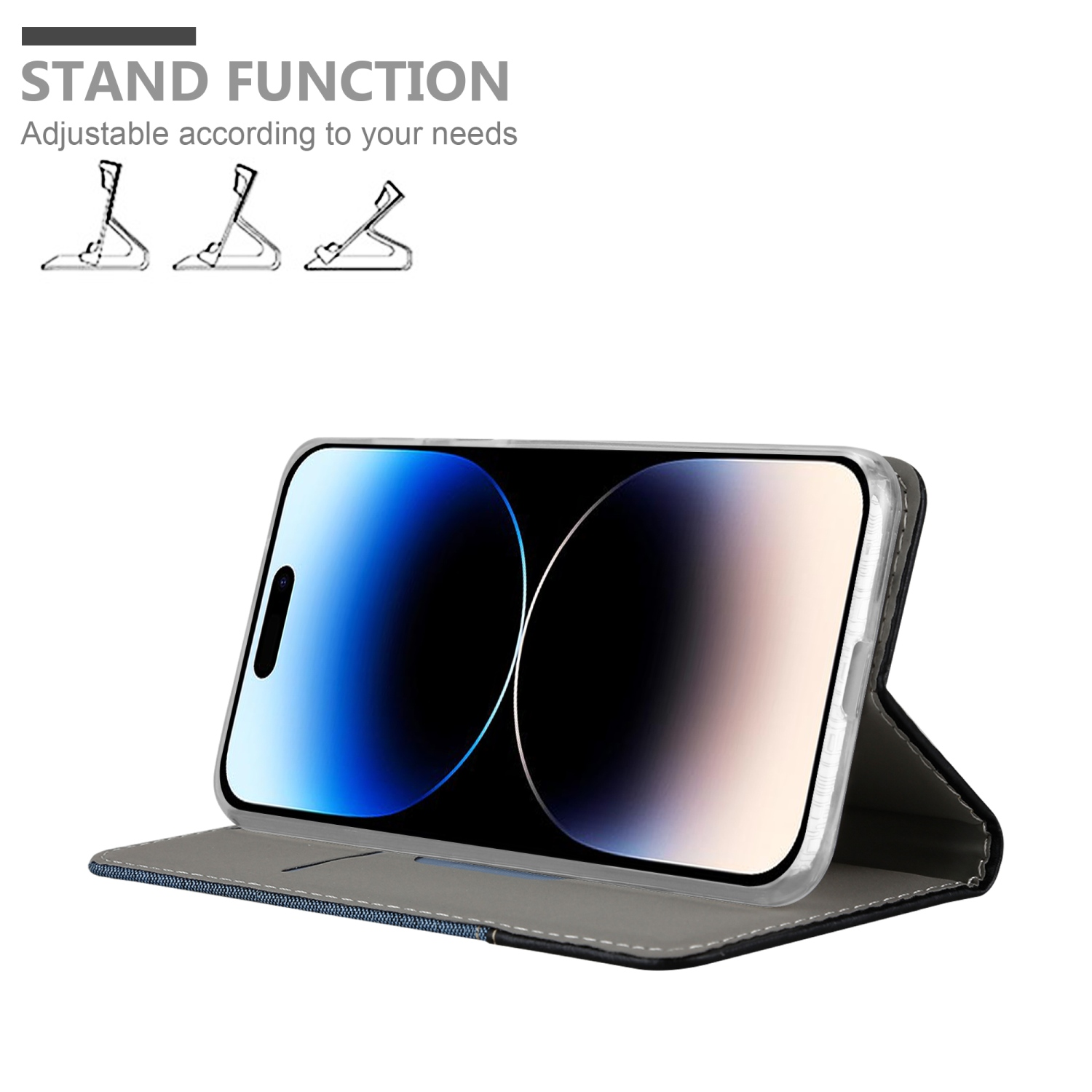 Telefon in Hülle mit Ständerfunktion, anpassbar an verschiedene Positionen.