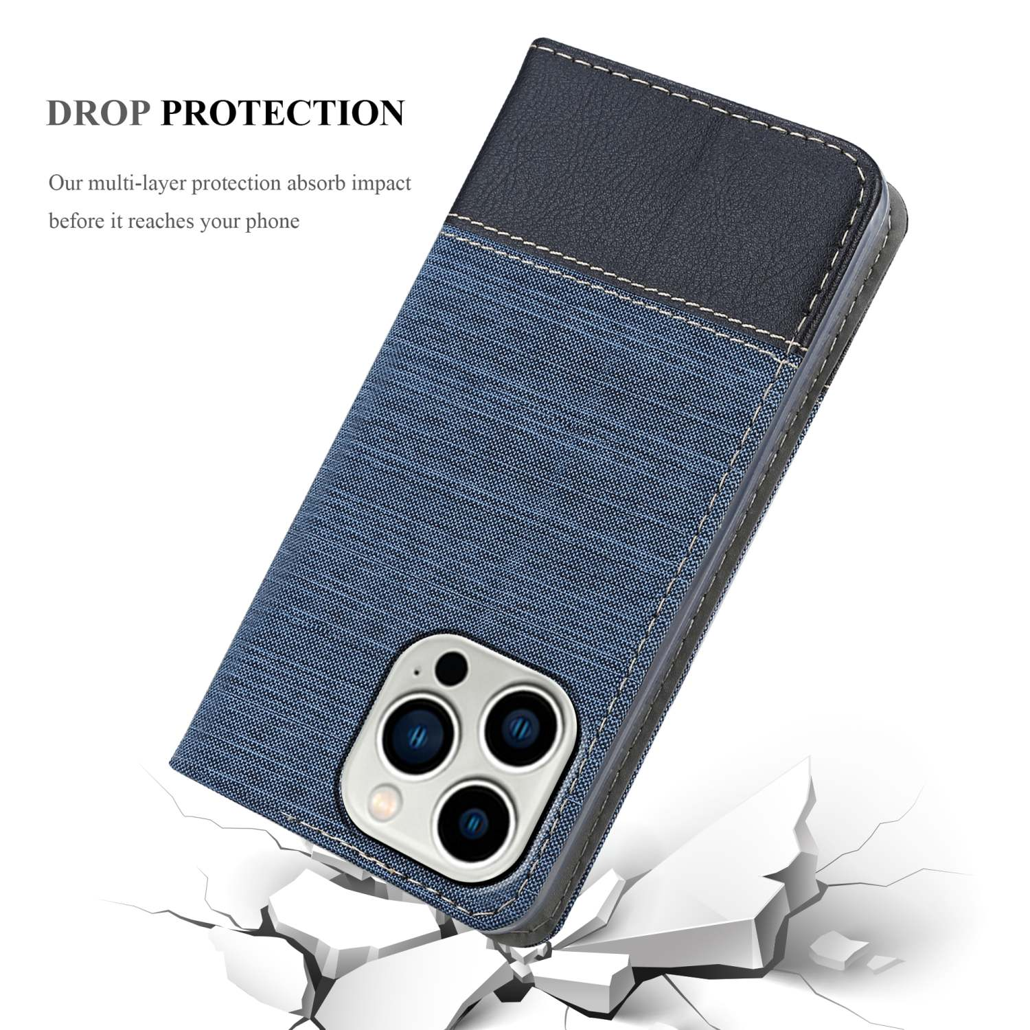 Handyhülle mit Jeans- und schwarzem Design mit Text. Telefon liegt auf zerbrochener Oberfläche.
