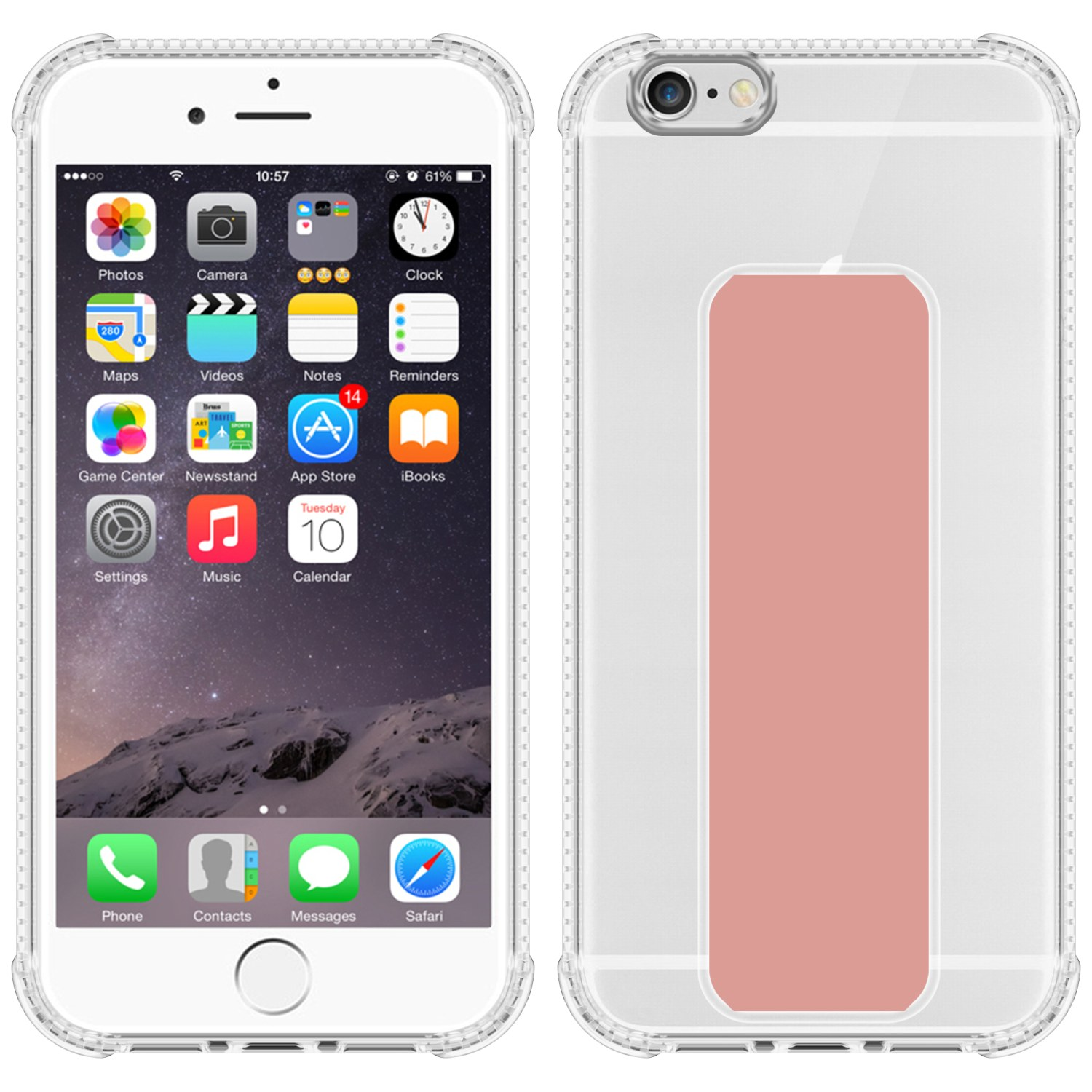 iPhone 6 mit Hülle, Bildschirm mit Apps, Rückseite der transparenten Schutzhülle.