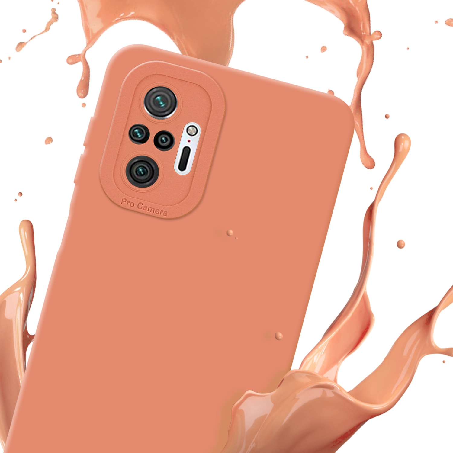 Eine orangefarbene Handyhülle mit Flüssigkeitsspritzern. Die Hülle hat eine Kamera.