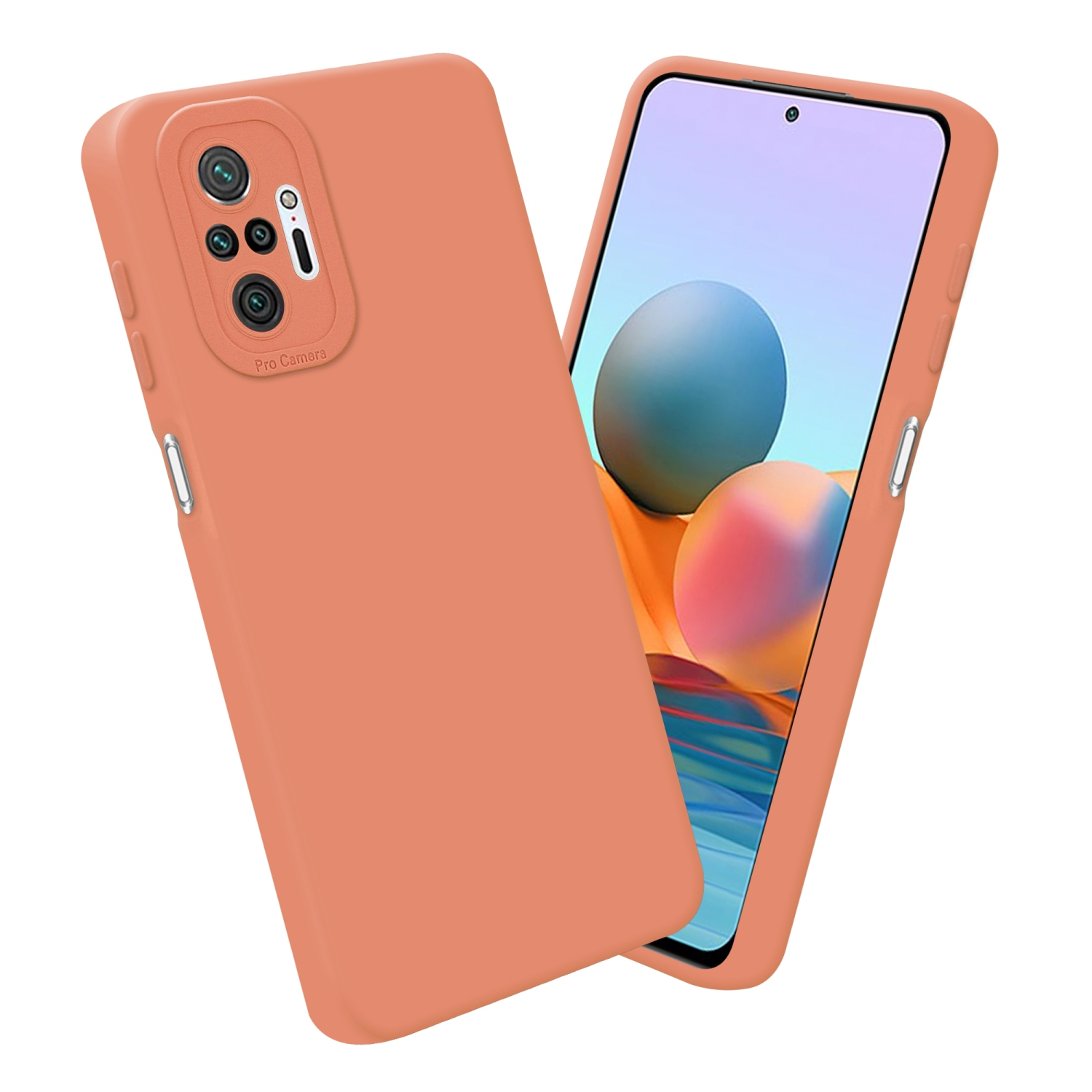Orangefarbene Handyhülle neben einem Telefon mit einem Bild auf dem Bildschirm.