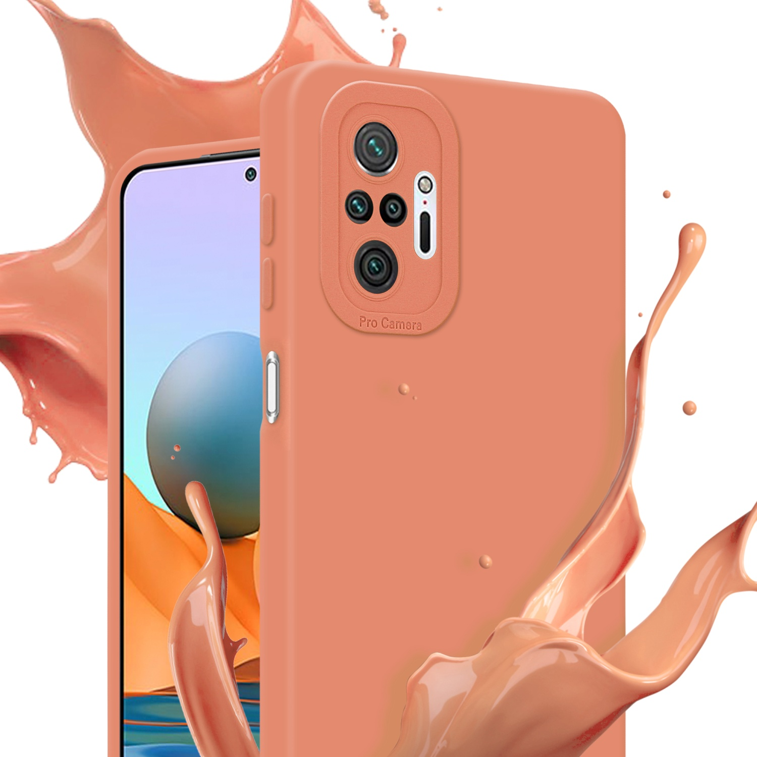 Pfirsichfarbene Handyhülle mit Telefon, das den Bildschirm zeigt, mit einem Spritzer pfirsichfarbener Flüssigkeit.