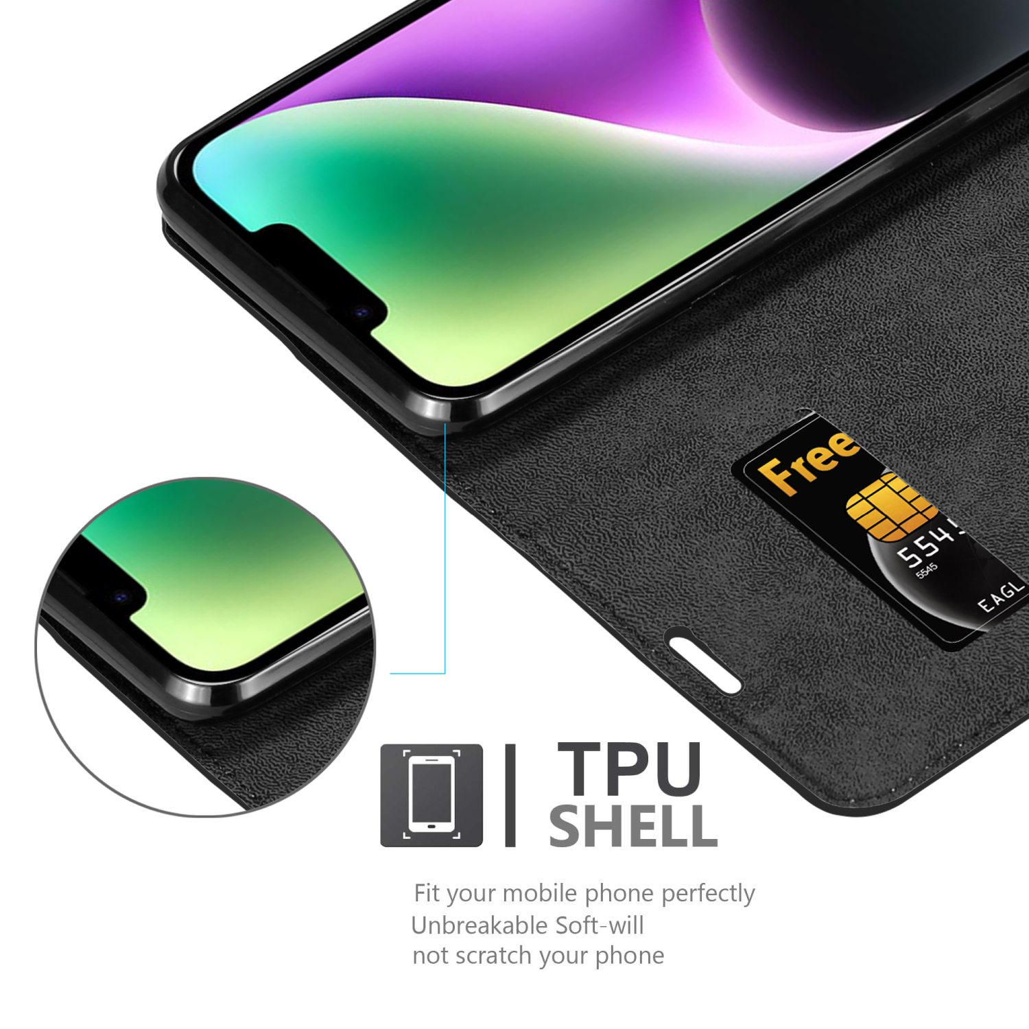 Schwarze Handyhülle mit einem Telefon darin. Text sagt "TPU SHELL" und beschreibt die Hülle.