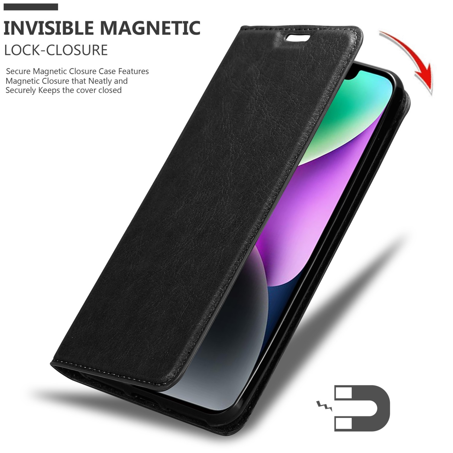 Schwarze Handyhülle mit offenem Deckel, die das Telefon zeigt. Magnetischer Verschluss wird beworben.