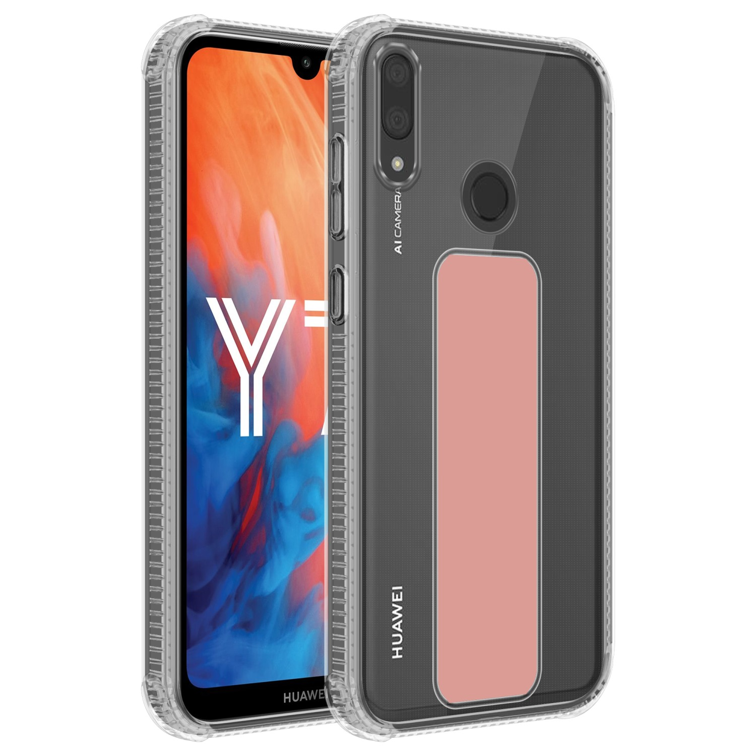 Eine transparente Handyhülle auf einem Telefon. Das Telefon hat einen rosa Abschnitt, um das Telefon zu halten.