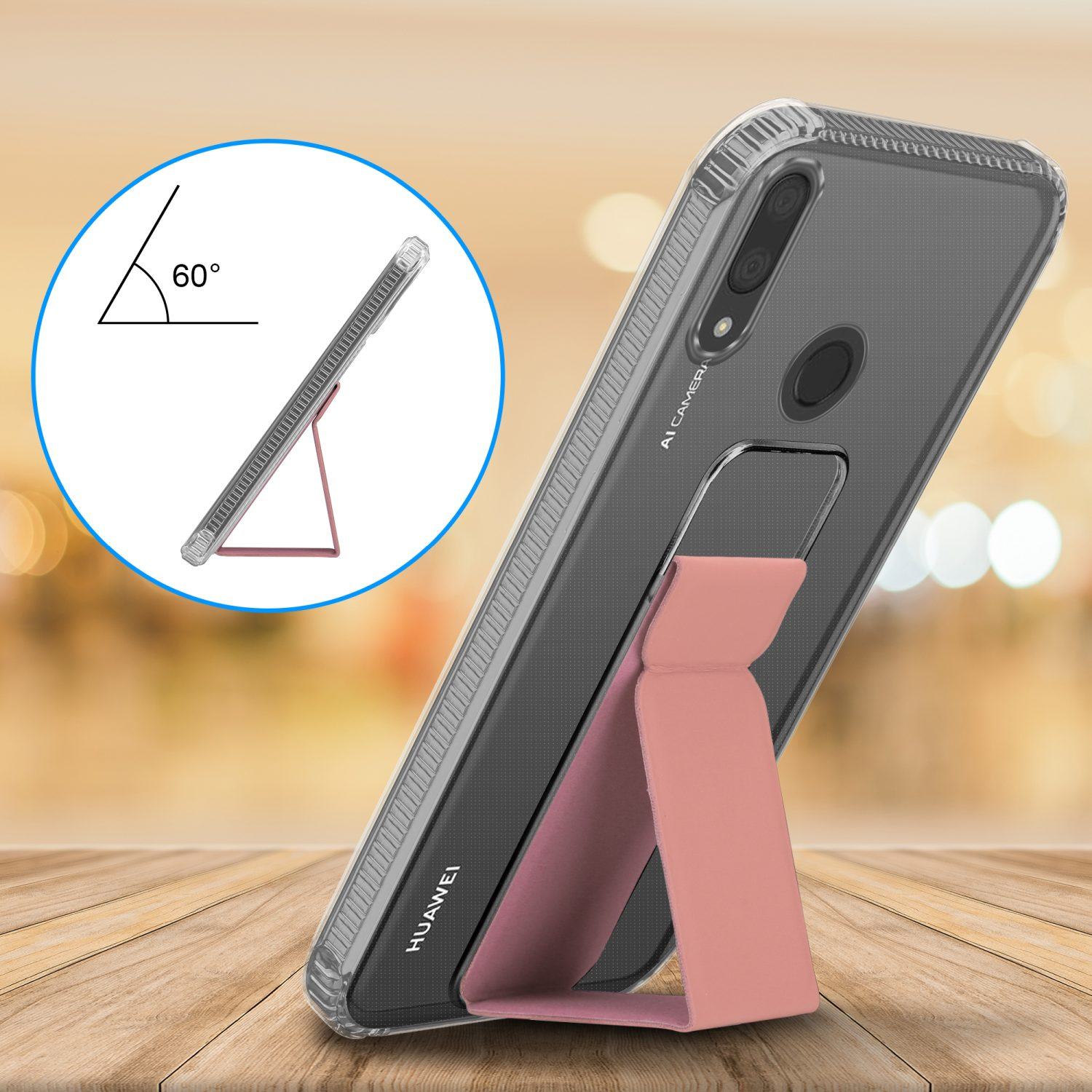 Telefon in klarer Hülle mit pinkfarbenem Ständer, in einem 60-Grad-Winkel.