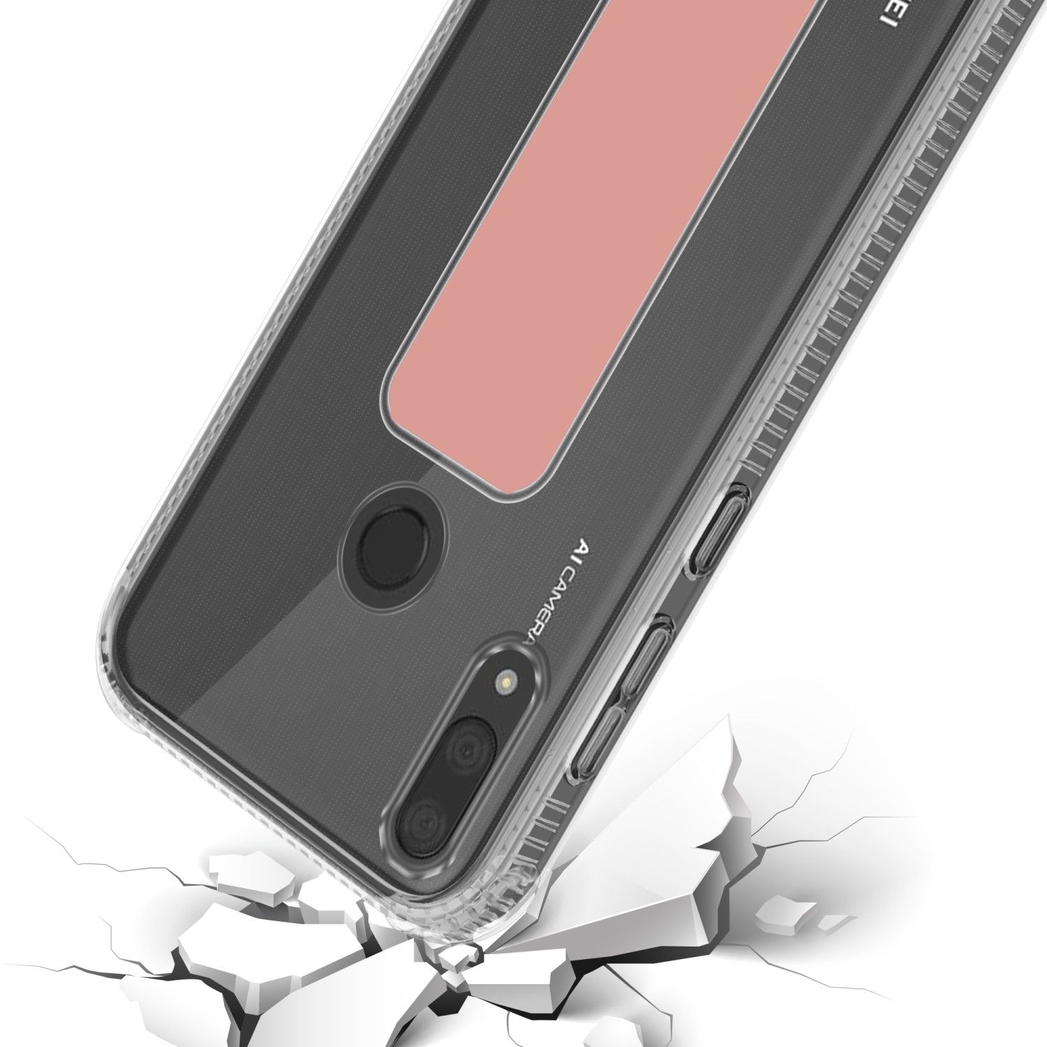 Transparente Handyhülle auf zerbrochener Oberfläche, mit AI Kamera Logo.