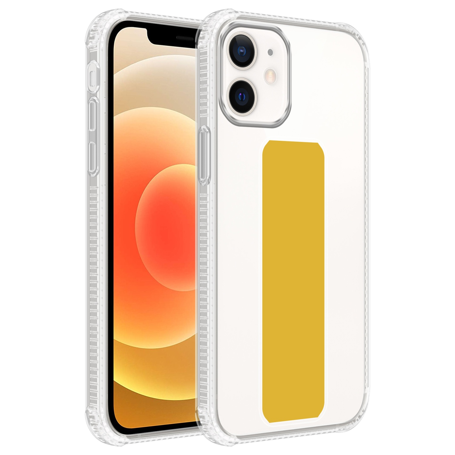 Transparente Handyhülle mit gelbem Griff. Das Telefon wird aus zwei Blickwinkeln gezeigt, hinten und seitlich.