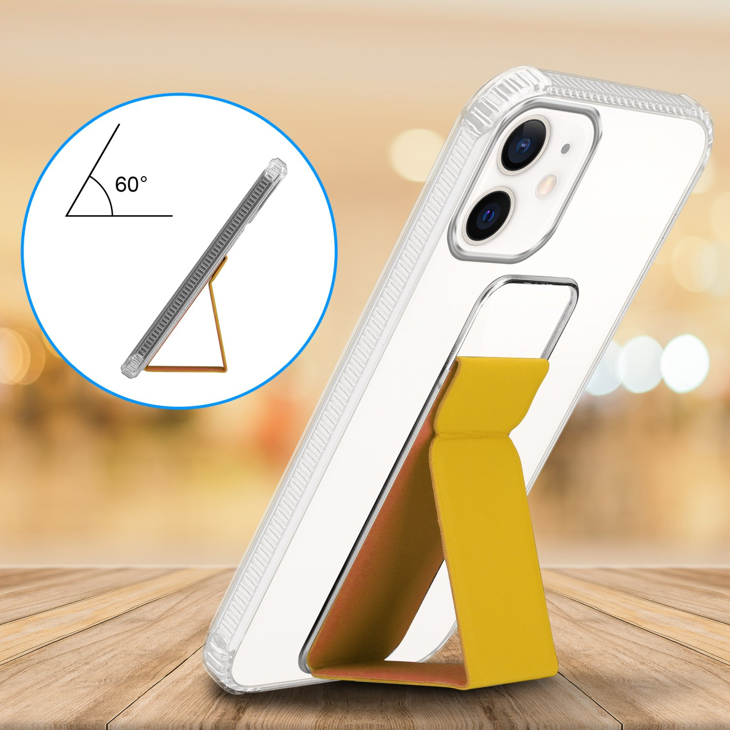 Telefon in einer transparenten Hülle mit gelbem Ständer. Winkel 60 Grad. Holz Tisch.