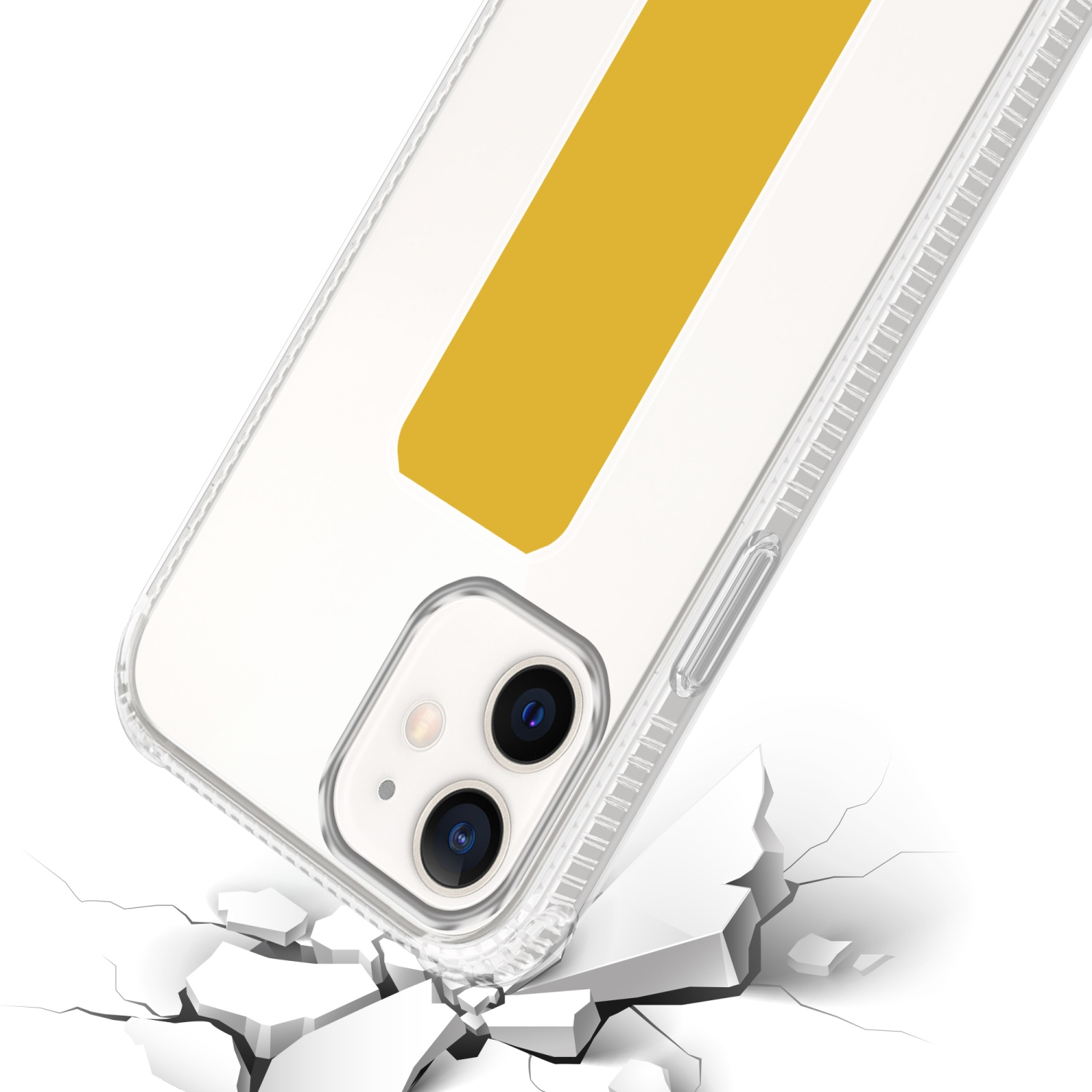 Transparente Handyhülle mit gelbem Streifen, abgewinkelt, auf zerbrochener Oberfläche.