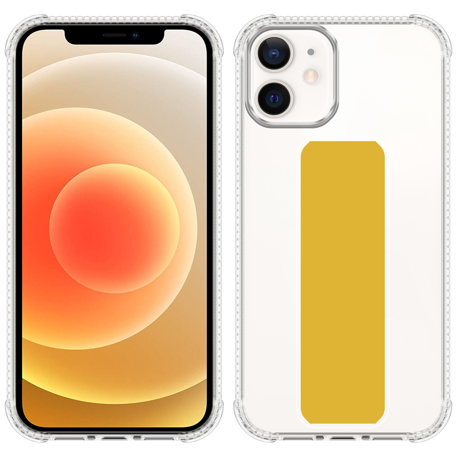 iPhone 12 mit transparentem Gehäuse und gelbem Rechteck-Design auf der Rückseite.