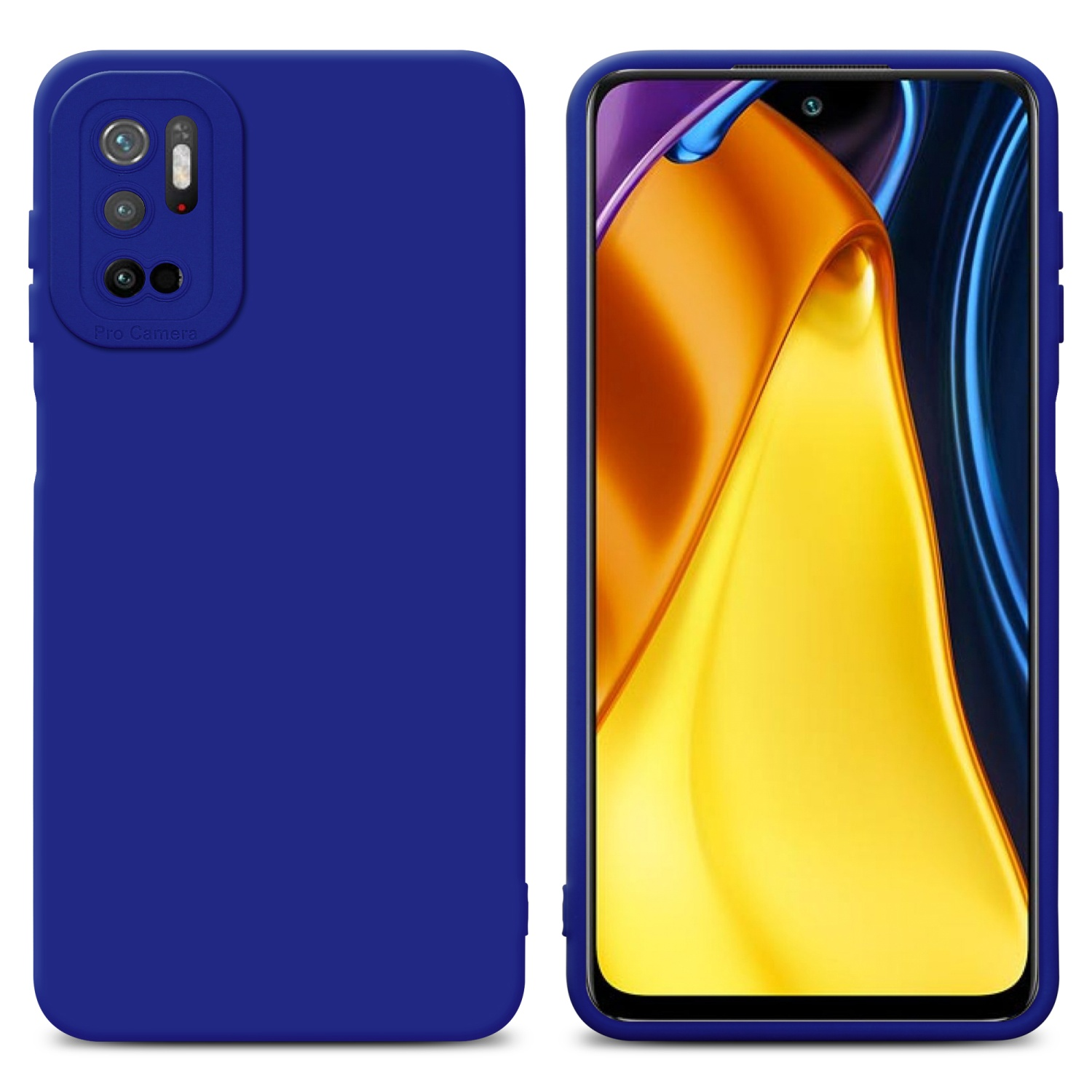 Custodia e telefono blu, affiancati, con sfondo bianco.