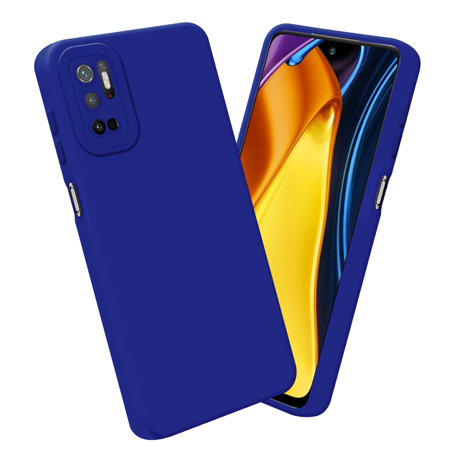 Una custodia blu per telefono e un telefono con uno sfondo dinamico sullo schermo.