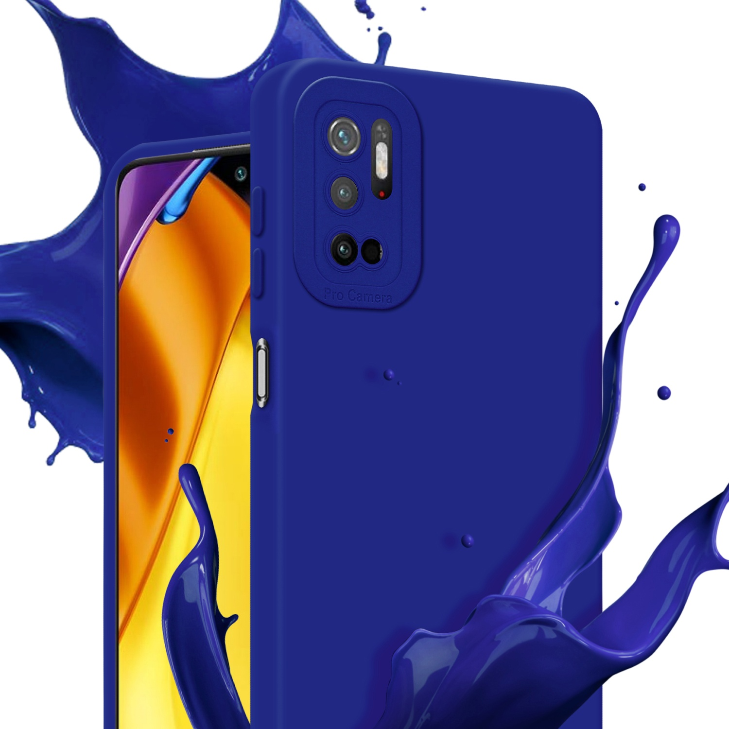 Custodia per telefono blu con un telefono all'interno. Spruzzo blu sullo sfondo.
