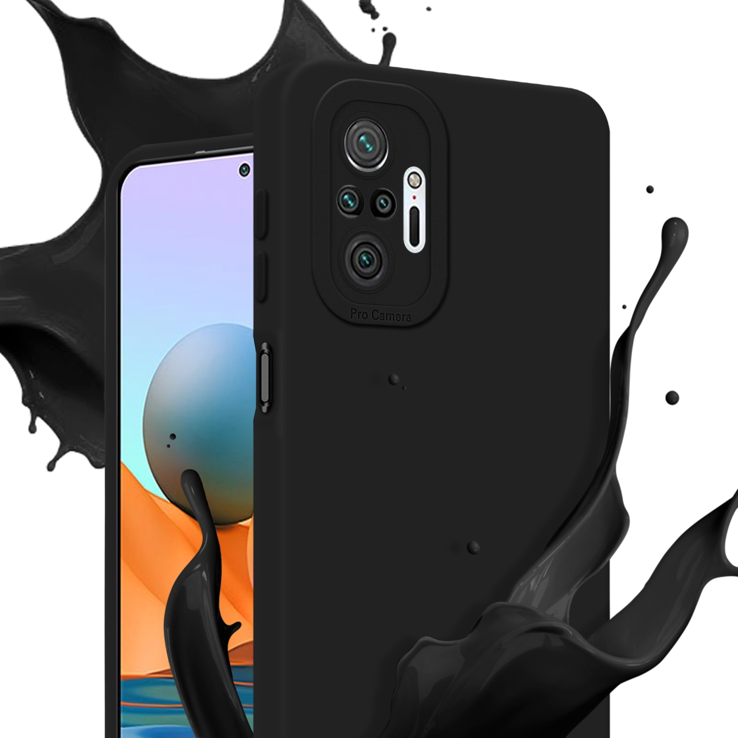 Custodia nera per telefono con schizzo nero. Schermo del telefono visibile. Dettagli fotocamera Pro.