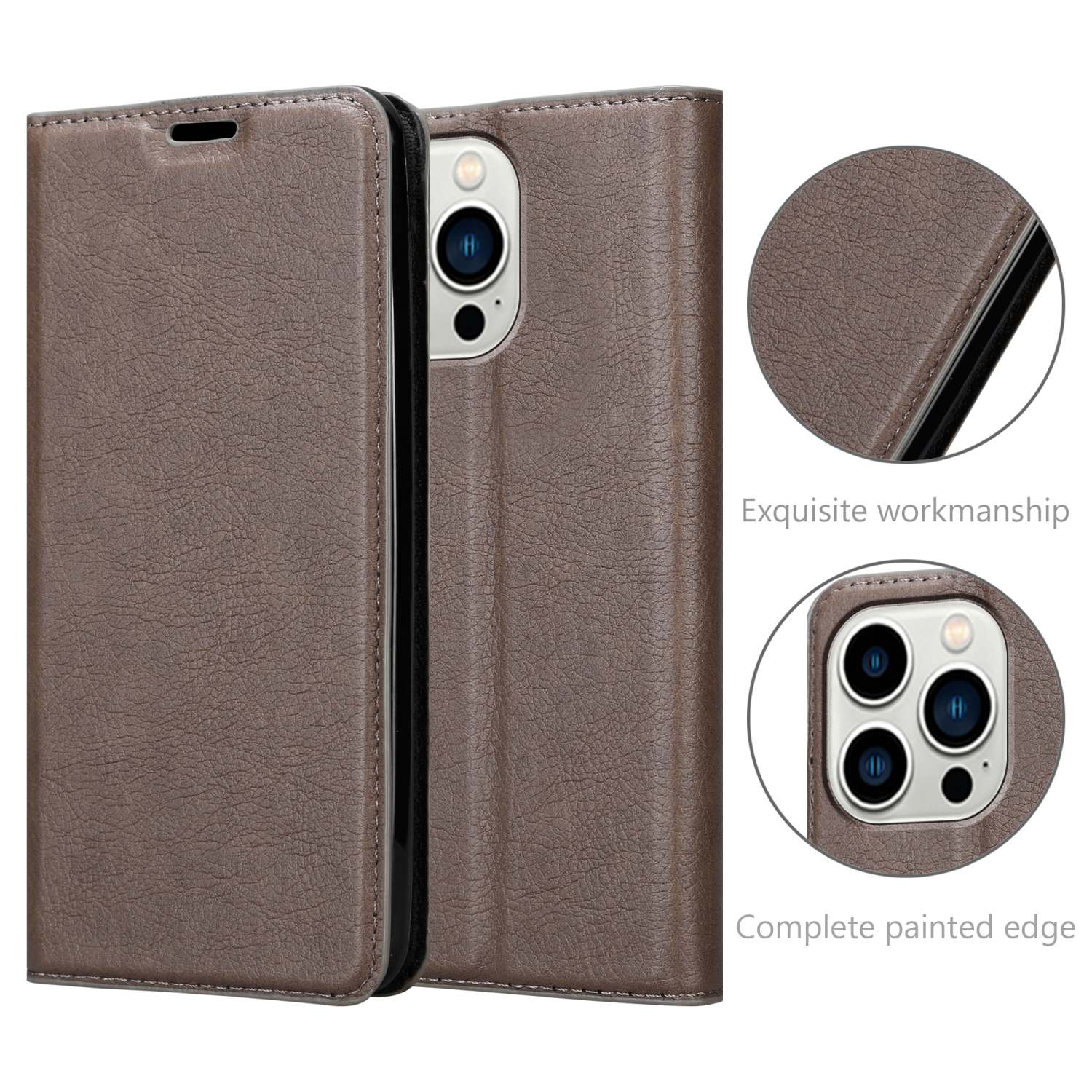 Braune Leder-Handyhülle, geöffnet, um das Telefon zu zeigen. Kantendetails sind sichtbar.