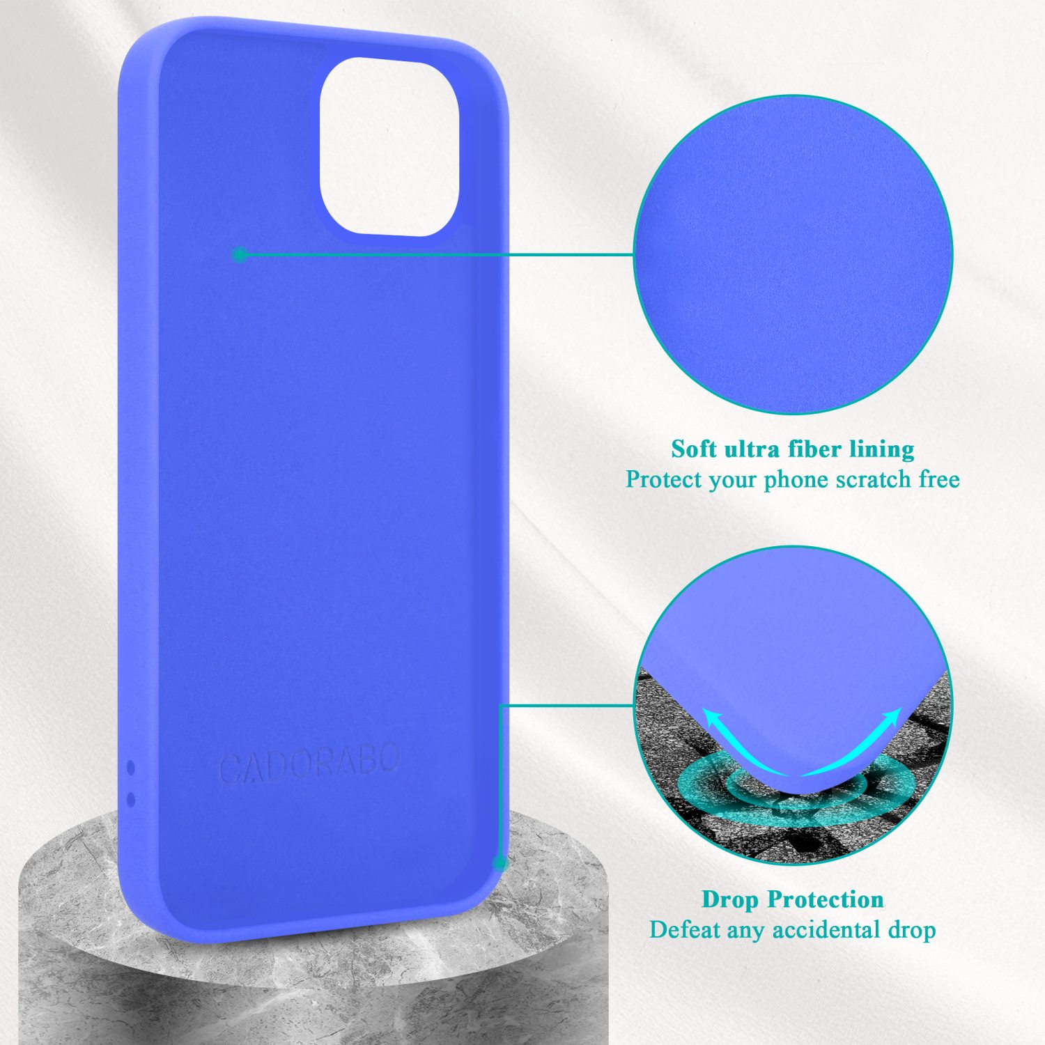 Blaue Handyhülle mit Telefon darin. Grafiken mit Text befinden sich im Hintergrund.