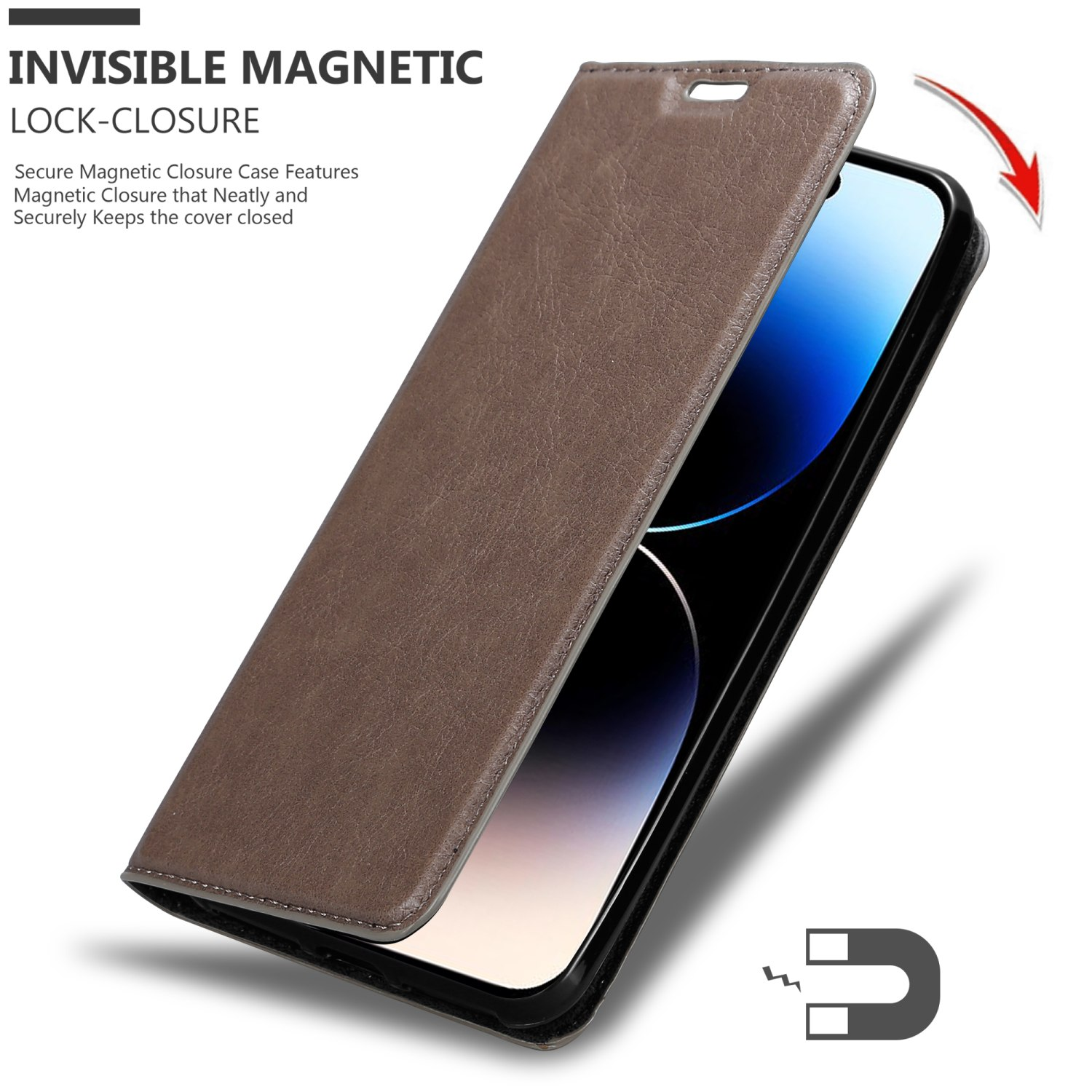 Braune Leder-Handyhülle offen, zeigt das Telefon und ein Magnet-Symbol.