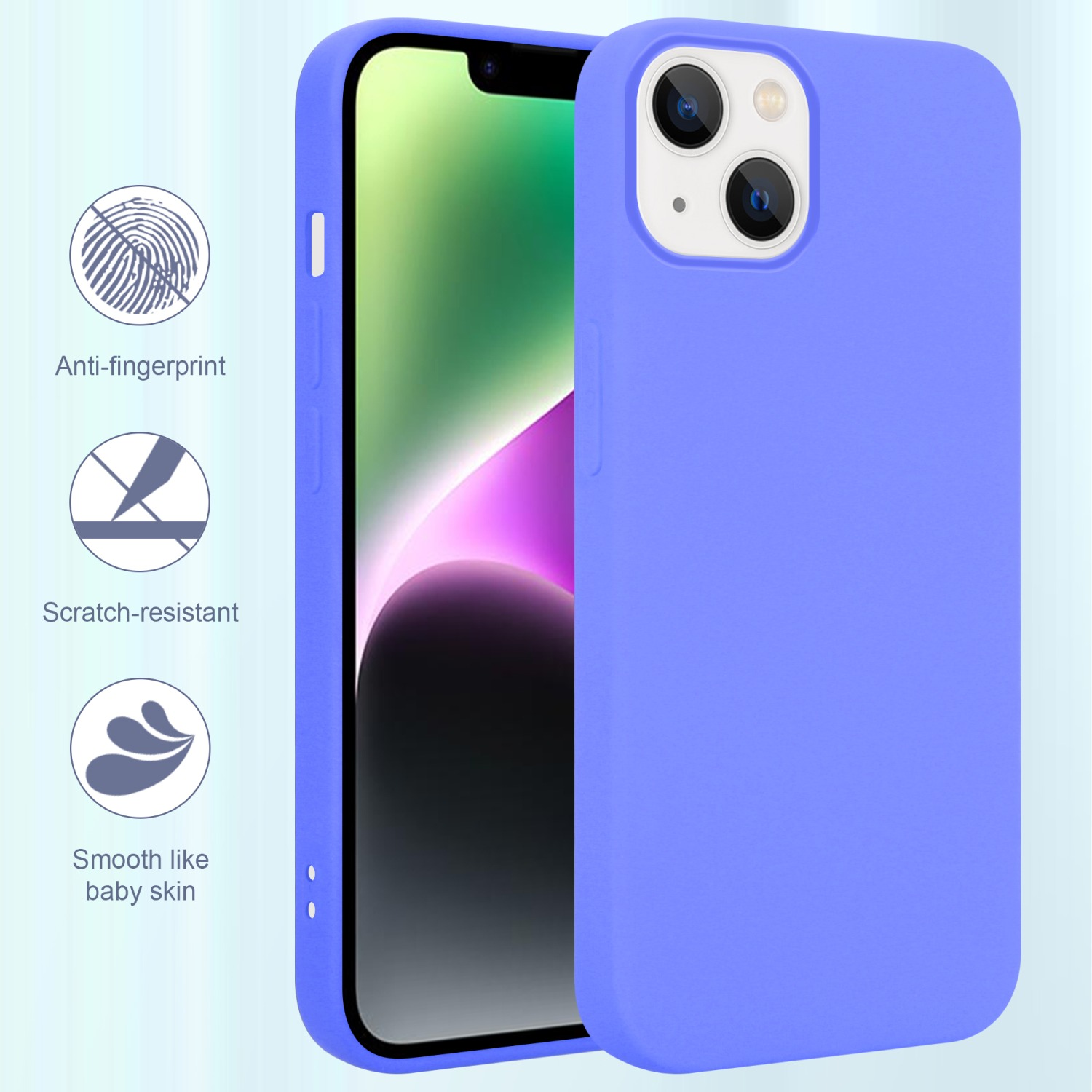 Eine lila Handyhülle mit einem Telefon darin. Anti-Fingerabdruck- und kratzfeste Eigenschaften werden hervorgehoben.