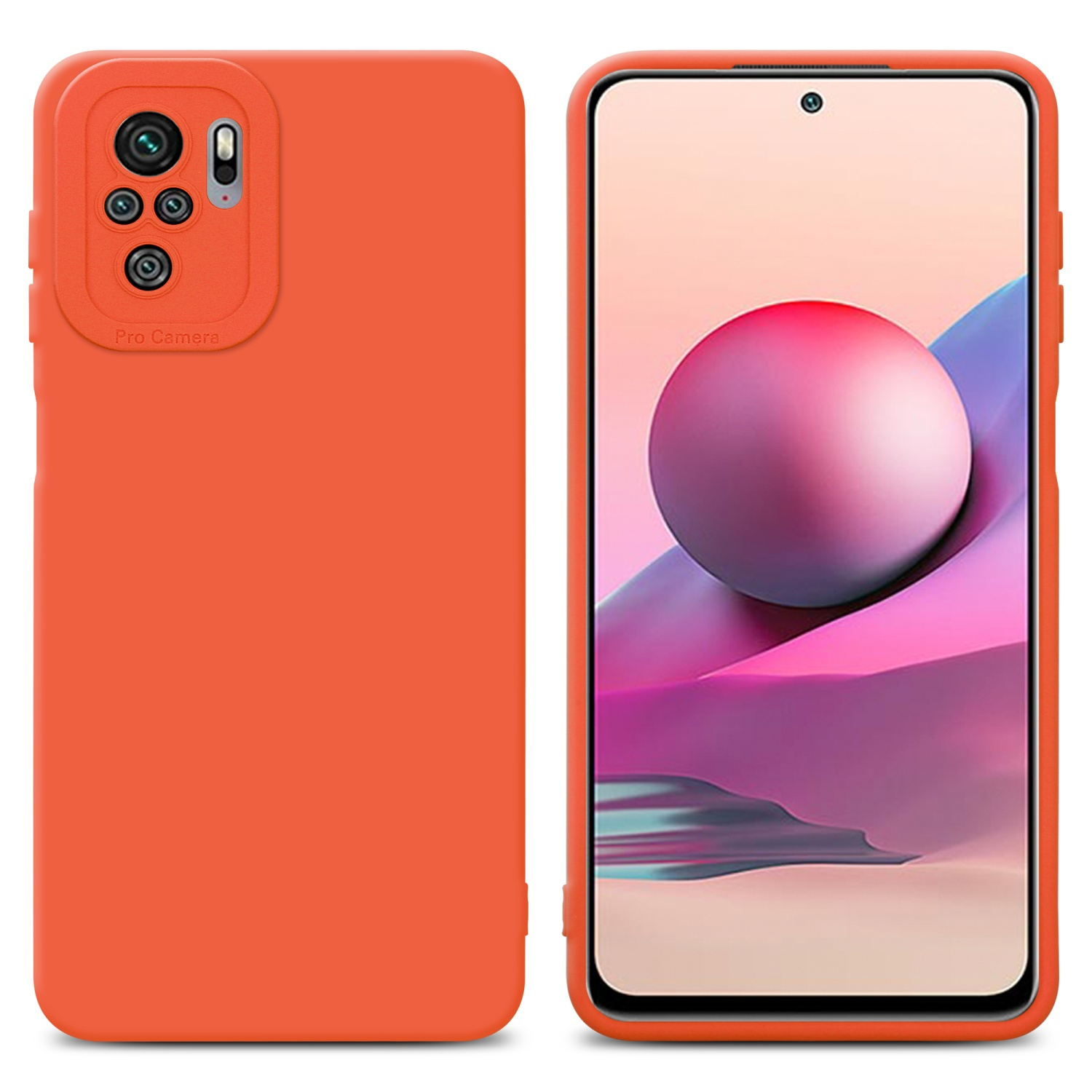 Custodia e telefono arancioni. Schermo con sfera rossa. Isolato su sfondo bianco.