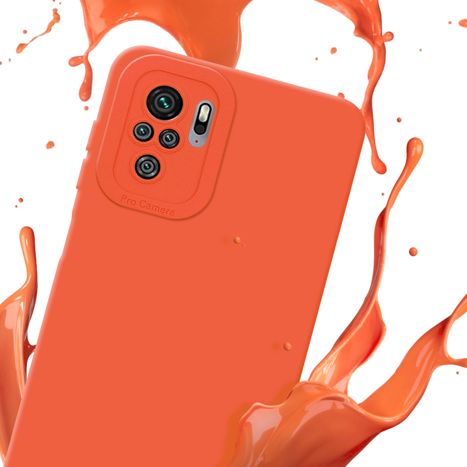 Custodia arancione per telefono con schizzi di vernice arancione. Lo sfondo è bianco.